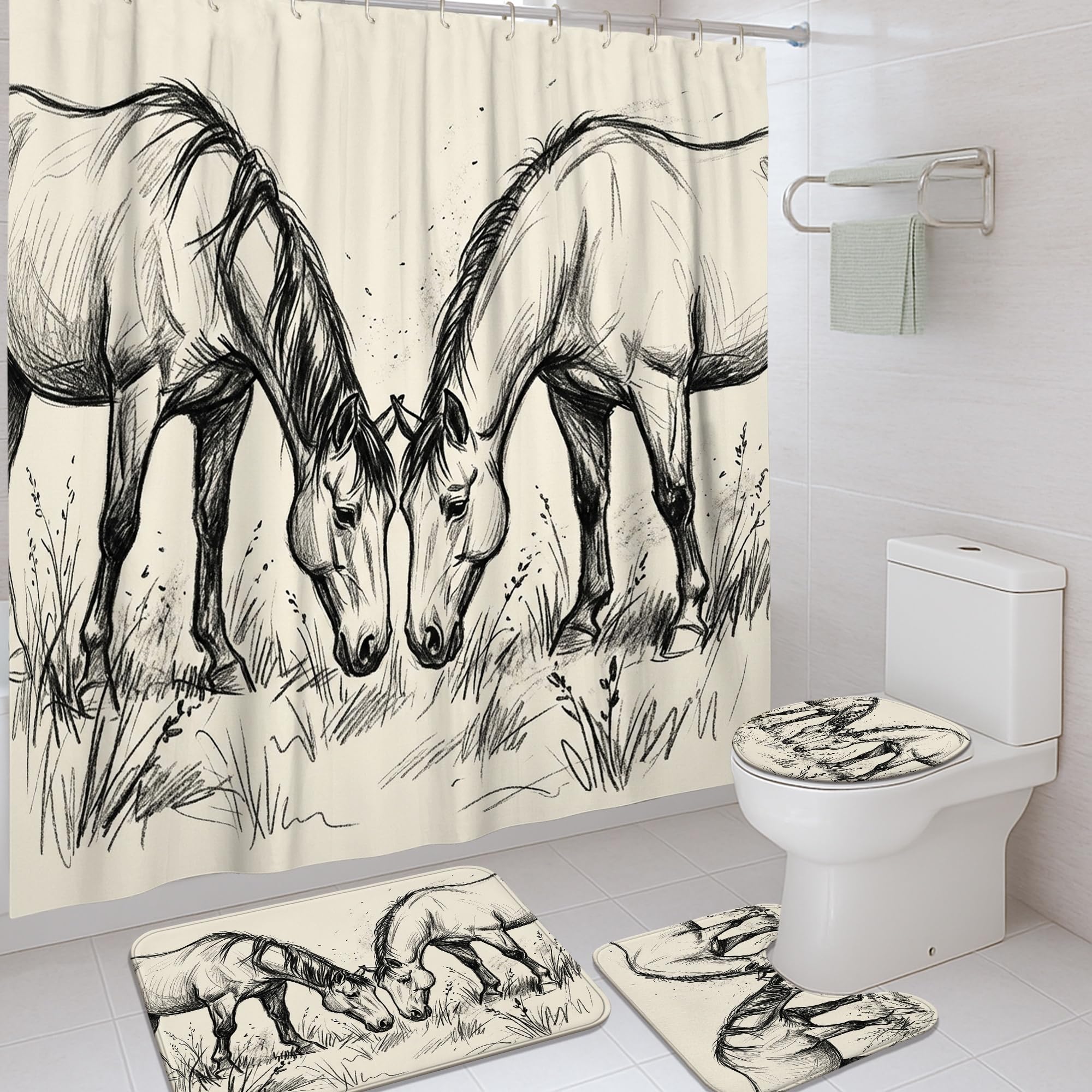 Ensemble rideau de douche et tapis pour salle de bain chevaux