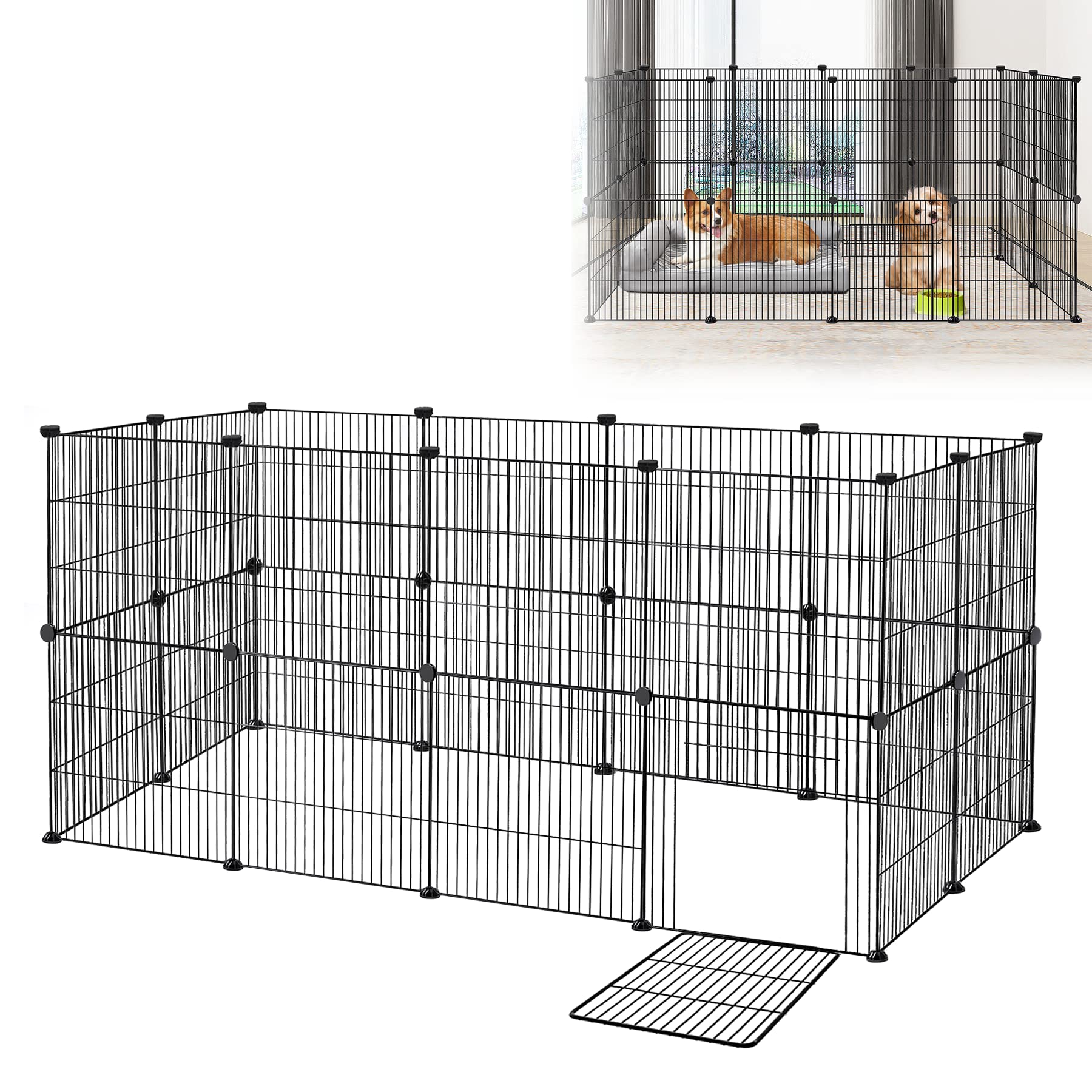 Froadp Recinzione per Animali Domestici Conigli da Esterno 142x72x72cm in Metallo 24 Pezzi Recinto a Griglia con Porta per Cavie, Animali da Compagnia, Gabbia per Cuccioli, Hamster (Nero)