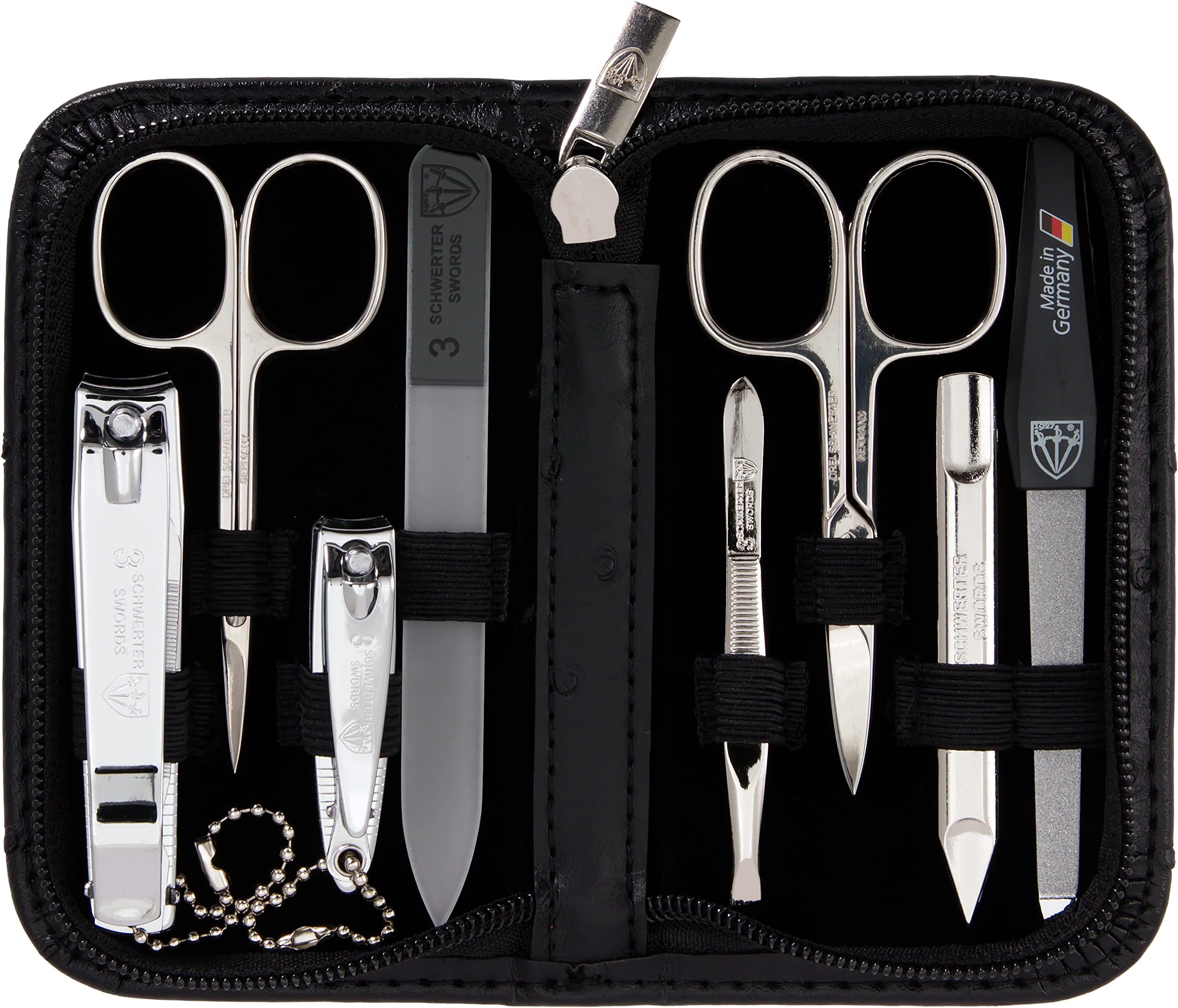 3 Swords Germany - brand quality 8 piece manicure pedicure grooming kit set for professional finger & toe nail care scissors clipper fashion leather case in gift box, Made in Solingen Germany (22009)