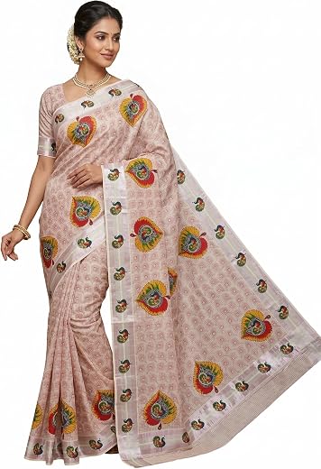 ALLUVY Women's Kuthampully Kerala Kasavu Saree mural printed Cotton | Traditional South Indian Sarees | Onam Kerala Saree...