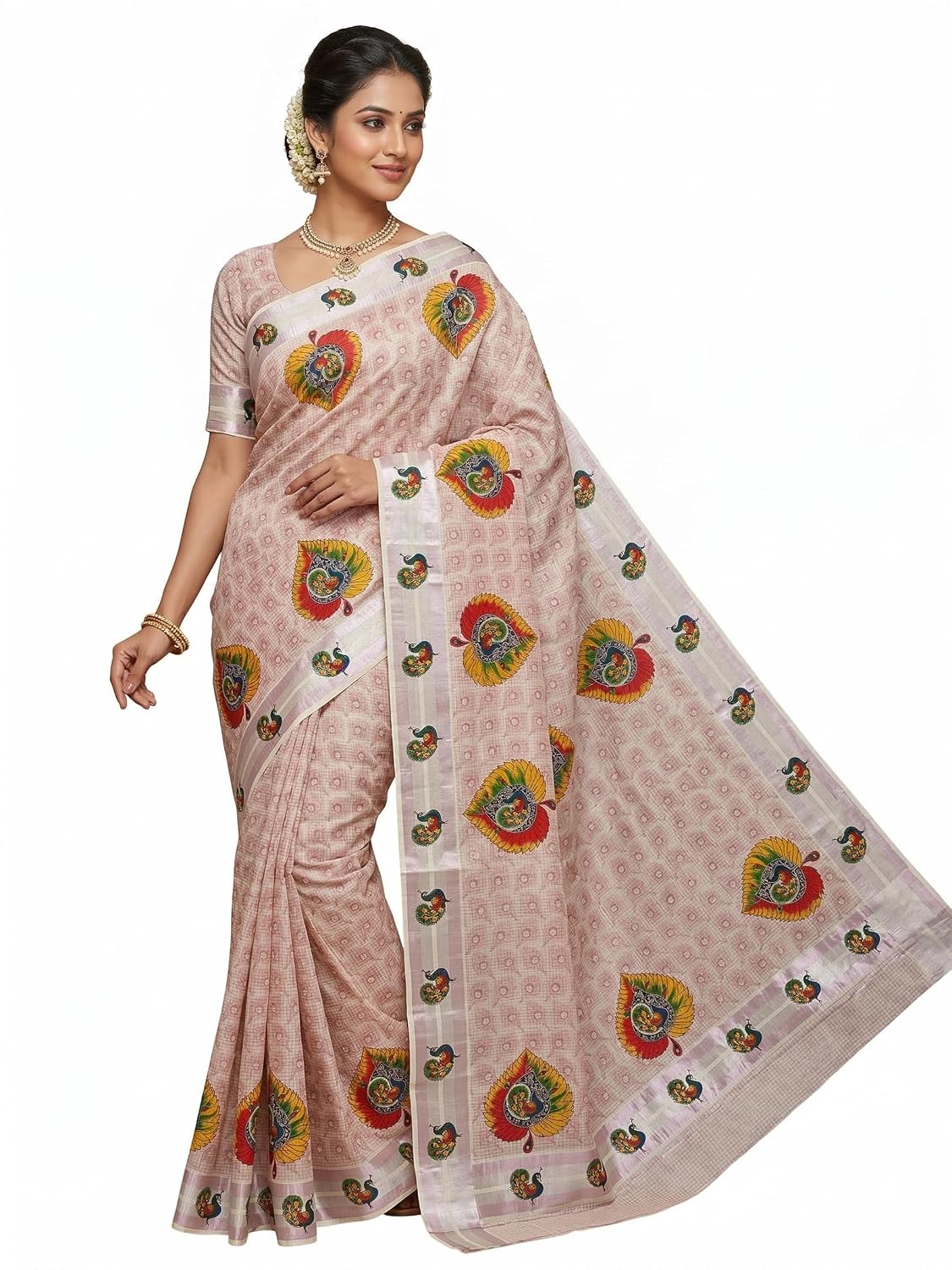 ALLUVY Women's Kuthampully Kerala Kasavu Saree mural printed Cotton | Traditional South Indian Sarees | Onam Kerala Saree...
