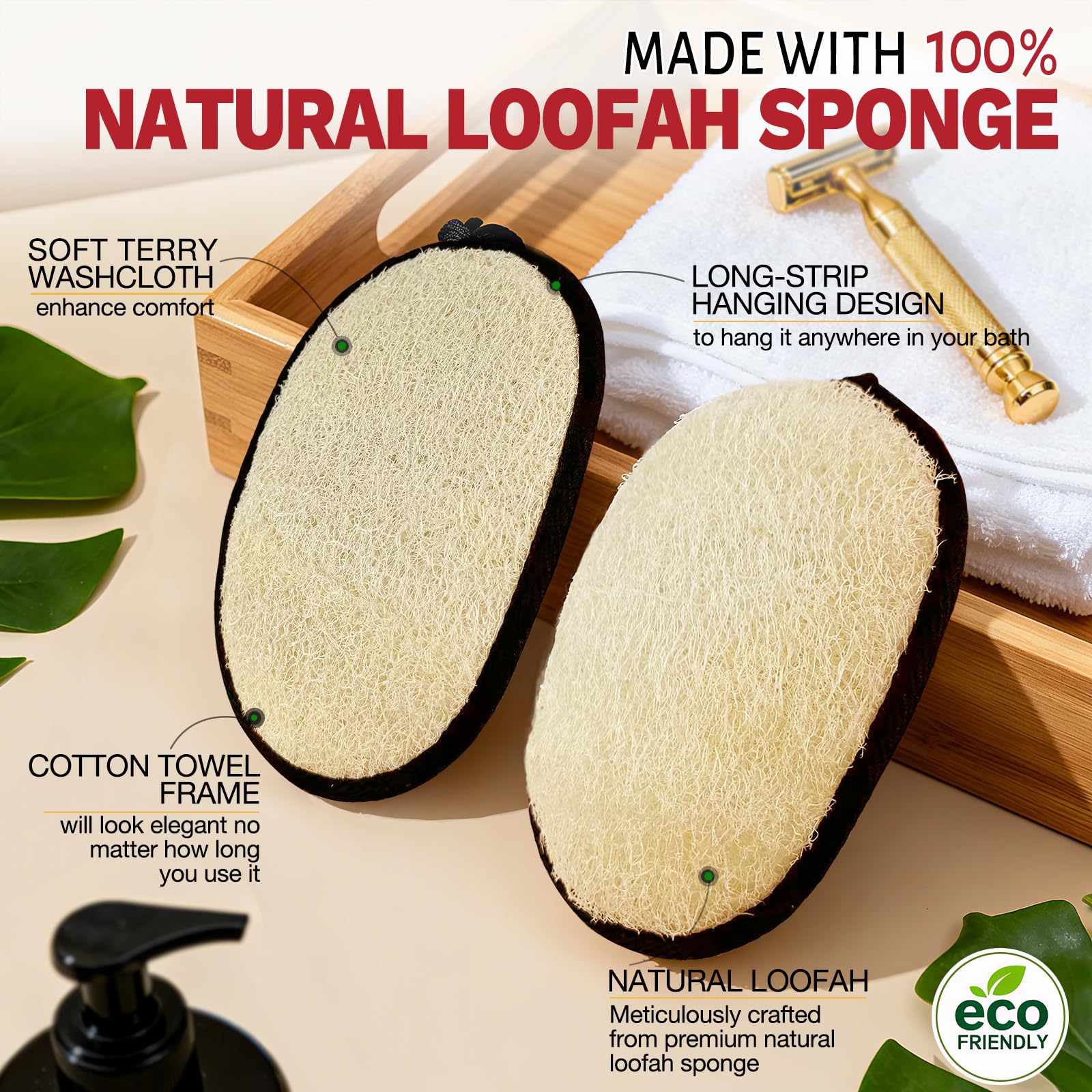 Spugna di luffa naturale (2 pezzi), grande spugna esfoliante per il corpo da 17,8 x 13,8 cm, per donne e uomini, i materiali naturali sono facilmente biodegradabili e l'esfoliazione del bagno non