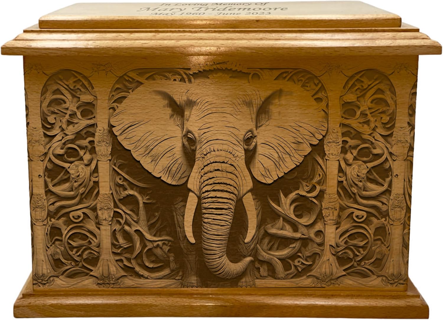 Wooden Urn for Human Ashes, Large Funeral Cremation Urn with Personlaization and Multiple Designs (Elephant) - Image 3