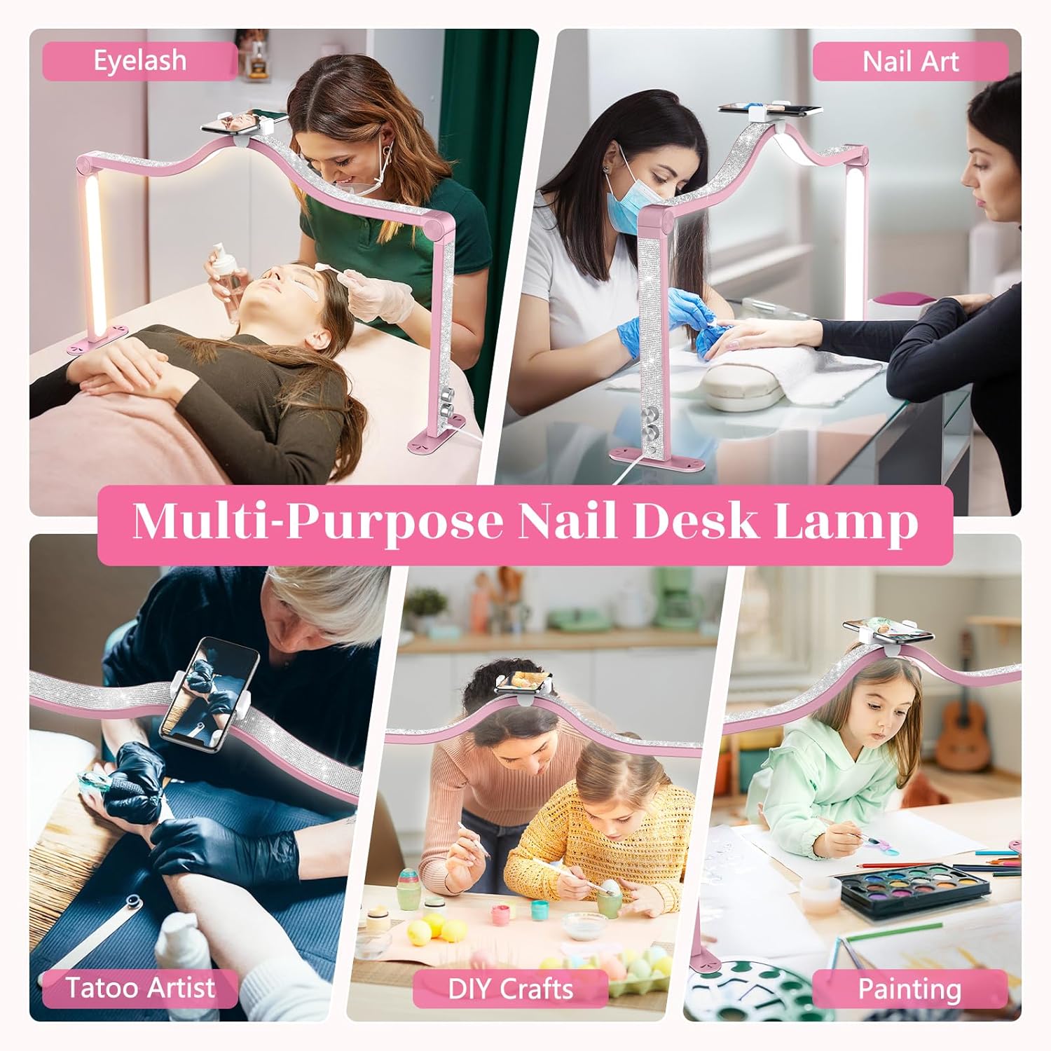Yokilly Arc Half Moon Light: 34" Shadow-Free Half Moon Light for Desk Salon - Foldable LED Desk Lamp with Stepless Brightness for Manicurist (Rose Pink)