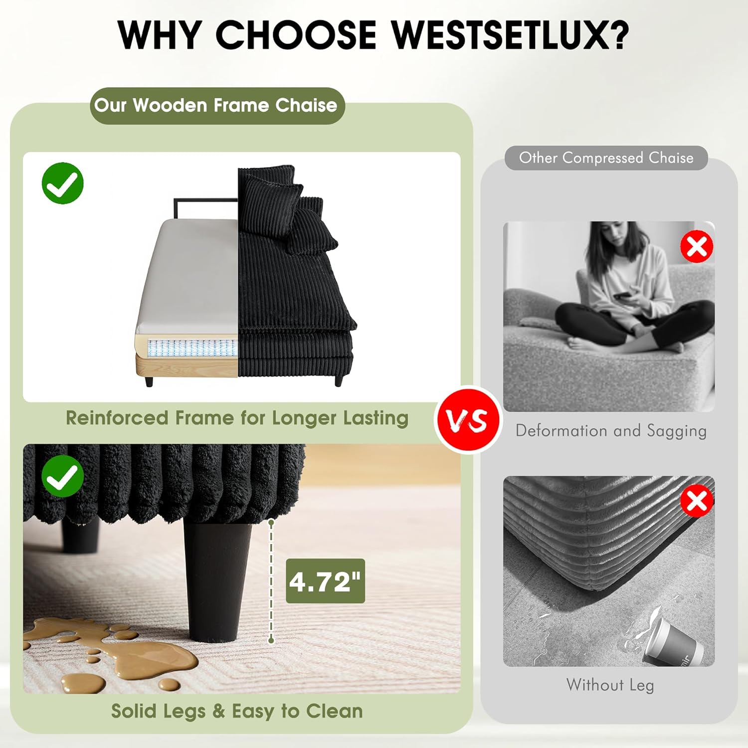 WESTSETLUX 55" Oversized Chaise Lounge 5-Position Adjustable Backrest Corduroy Sofa Bed Black