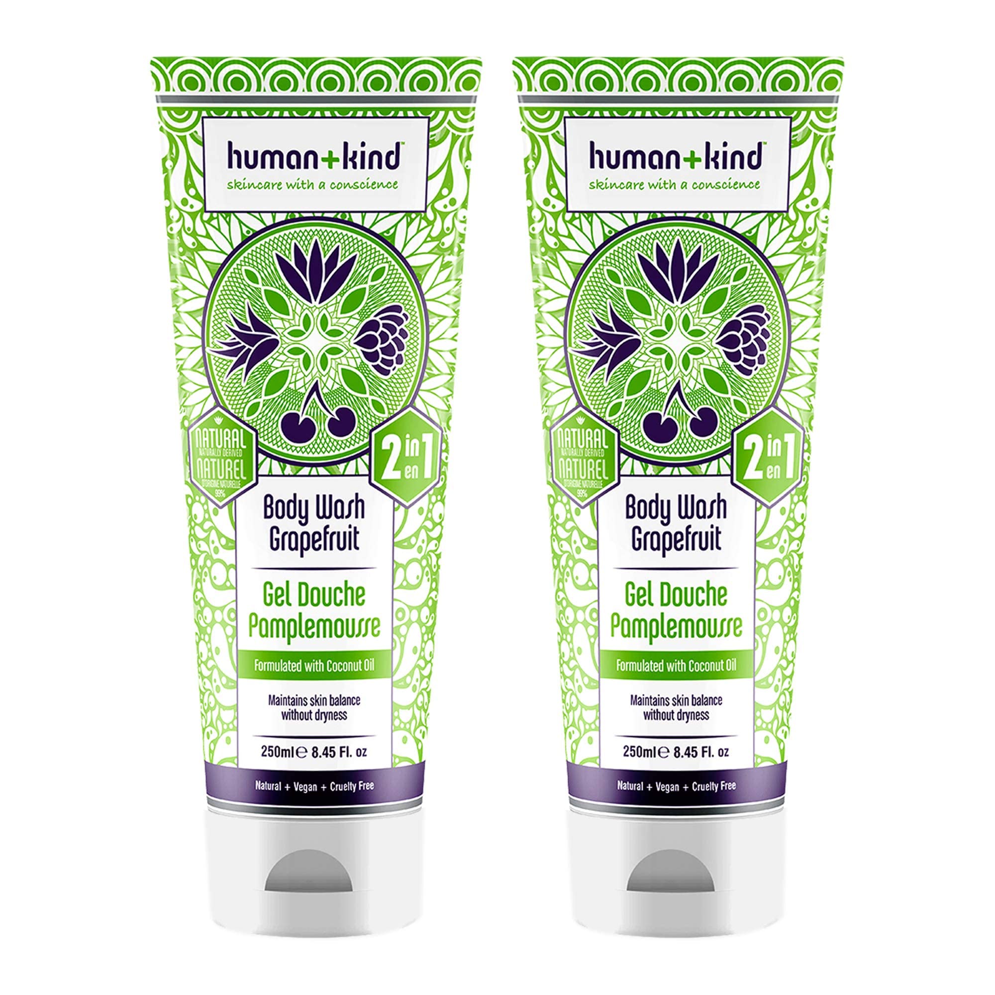 Human+kind Body Wash | Nourishes Dry Skin With Coconut Oil | Sls-free, Gentle Enough for Hair & Scalp | Natural, Vegan Skin Care | Grapefruit Scent - 8.45 Fl Oz, 2count