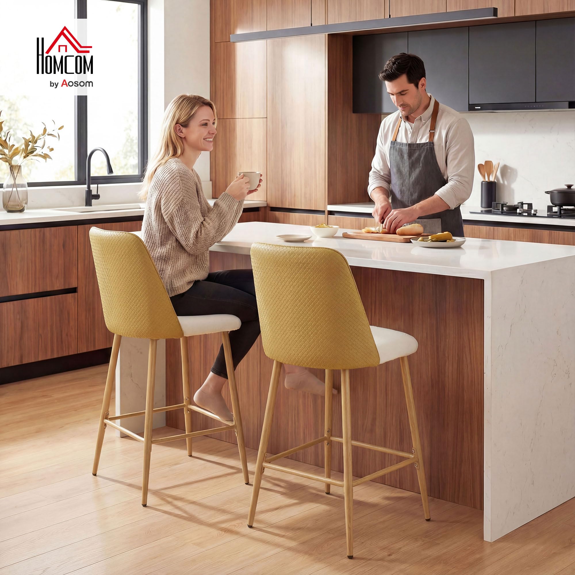 HOMCOM Juego de 2 Taburetes de Bar con Respaldo, Reposapiés Marrón | Taburetes Altos de Cocina, Respaldo Efecto Tejido con Lino Cepillado y PU, Marco de Acero, Asiento de 65 cm de Altura