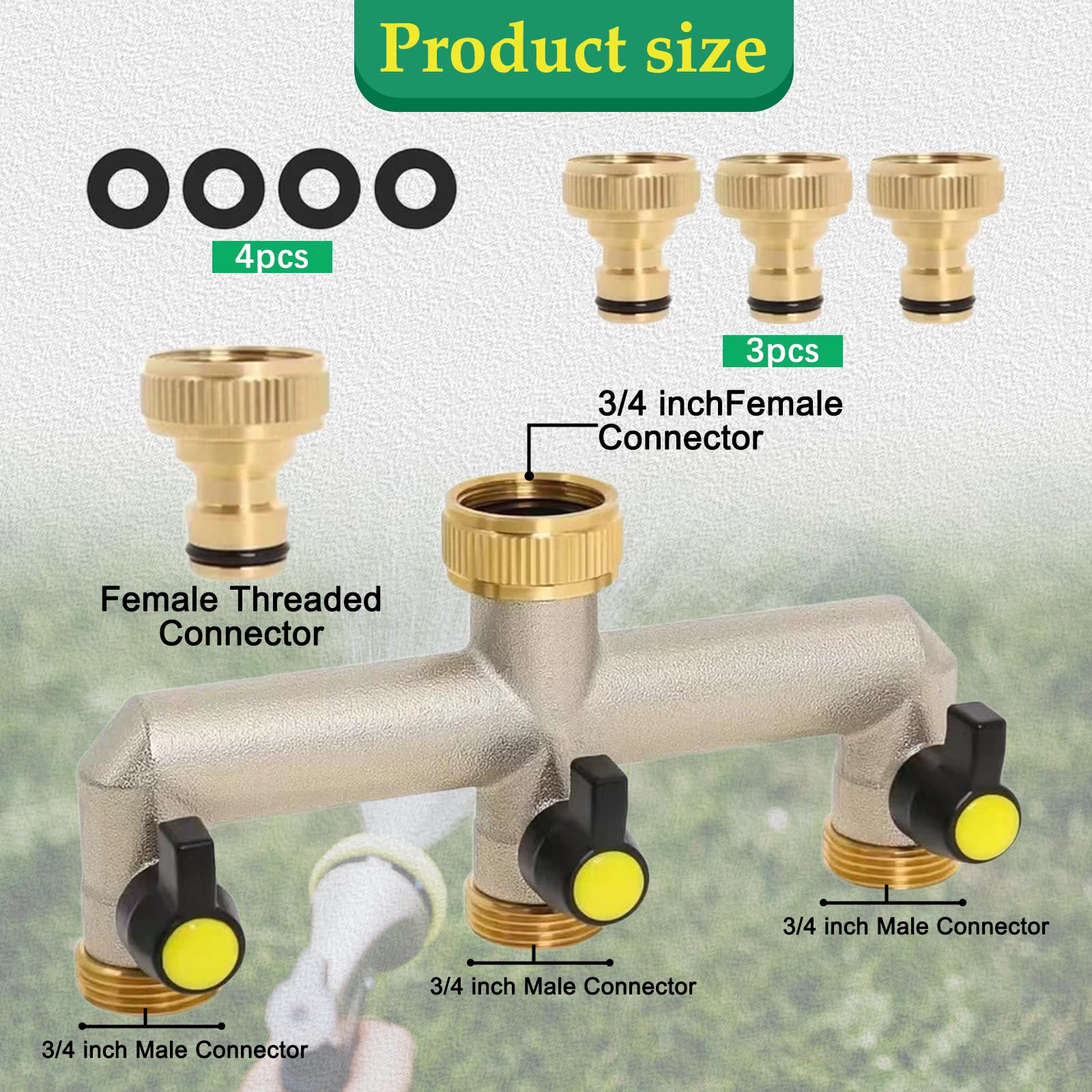 Sdoppiatore Rubinetto Giardino 3 Vie in Ottone, 3/4" Connettore per Tubo Irrigazione da Esterno con Valvole di Apertura/Chiusura Indipendenti, Raccordi Adattatori per Rubinetto Lavatrice