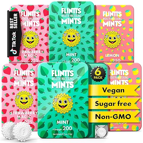 Flintts Mints 2x After Party Pack - Mint (2), Strawberry Magic (2), Lemon(2) - Sugar Free & Vegan, Mouth Watering Mints for Oral Health - Breath Freshener Mint Pocket Size - Dry Mouth Products - After Party