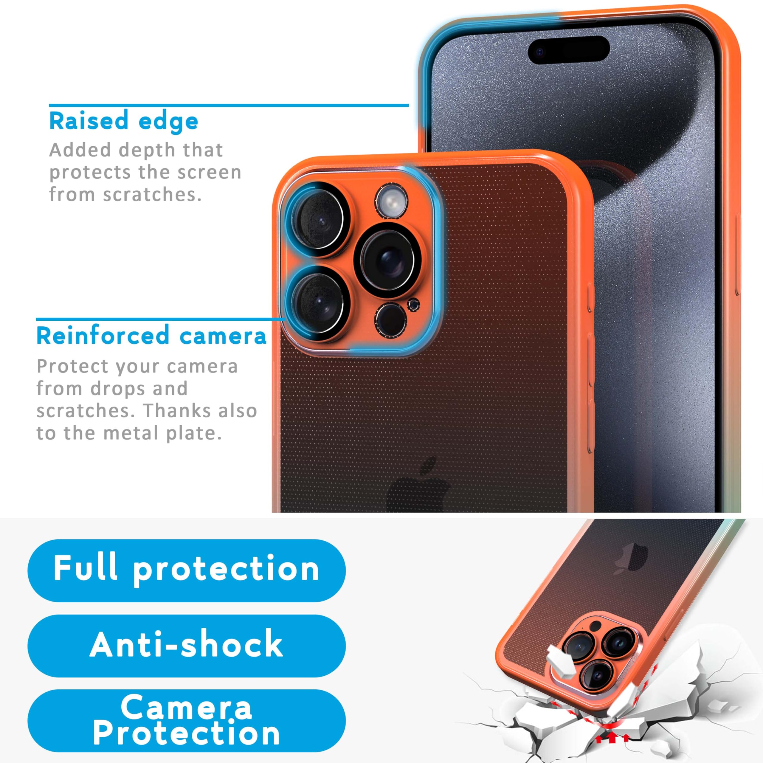 N NEWTOP Cover Moda 02 TPU Compatibile per iPhone 15 Pro, Colorata Sfumata Trasparente Opaca Morbida Flessibile Custodia con Protezione Fotocamera in Vetro Temperato Completa e Cromata (Blu