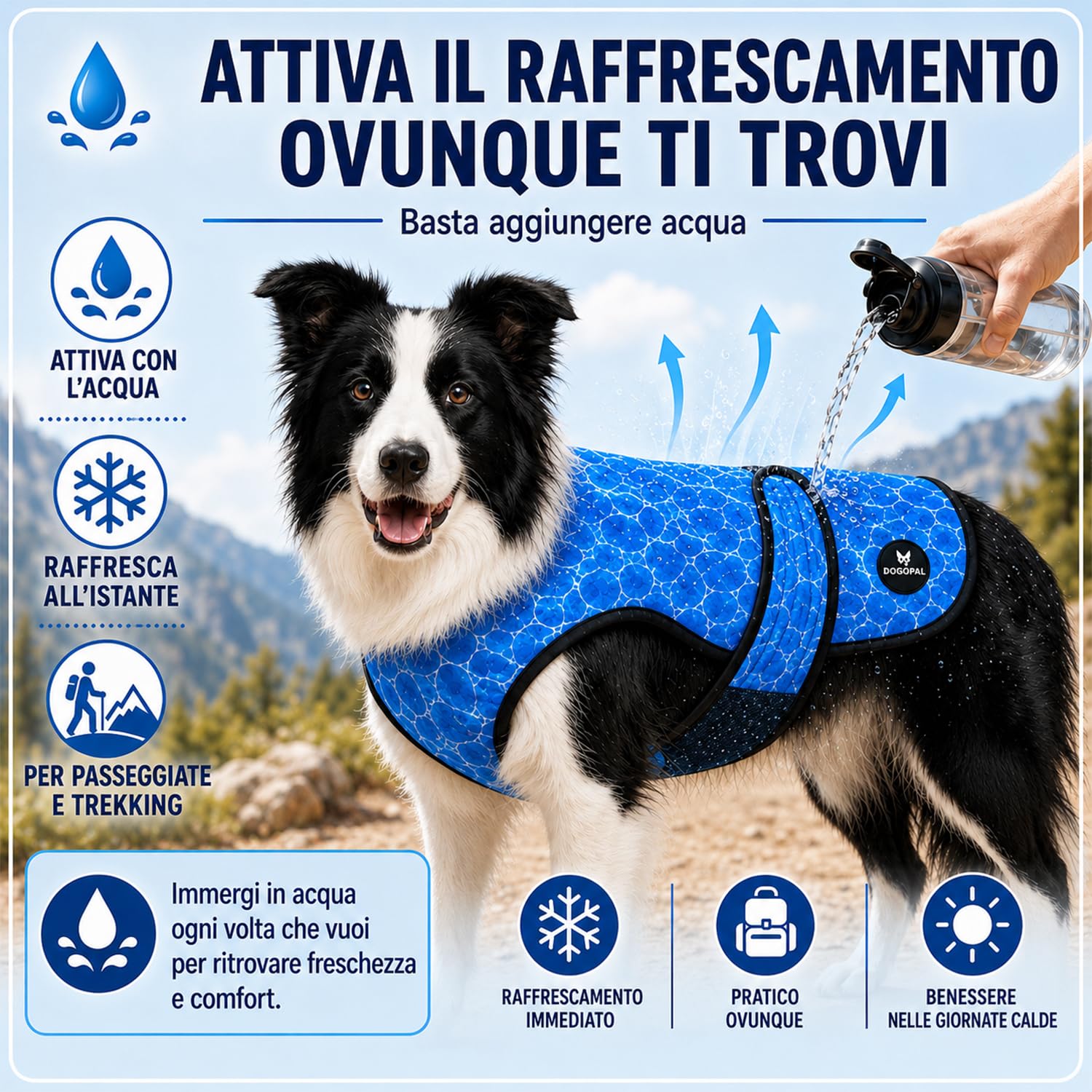 DOGOPAL Gilet Refrigerante per Cani, Giubbotto Rinfrescante Attivato dall'Acqua con Protezione UV, Maglia Estiva Leggera e Traspirante con Collo Alto per il Caldo, Passeggiate e Outdoor (Blu, XL)