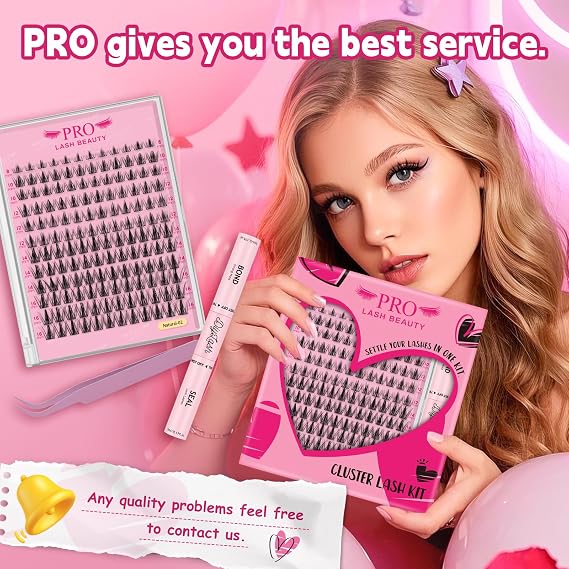 PRO Cluster Lashes Kit Natural Individual Lashes D Curl Cluster Eyelash Extensions 8-16mm Individual Eyelashes Kit with Lash Bond, Lash Applicator (Natural02-8-16mix)