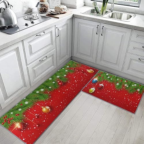 Miniatura 3 de ArtSocket Juego de 2 alfombras y tapetes de cocina antideslizantes, lavables, alfombra de camino de cocina de Navidad, árbol de Año Nuevo, bola