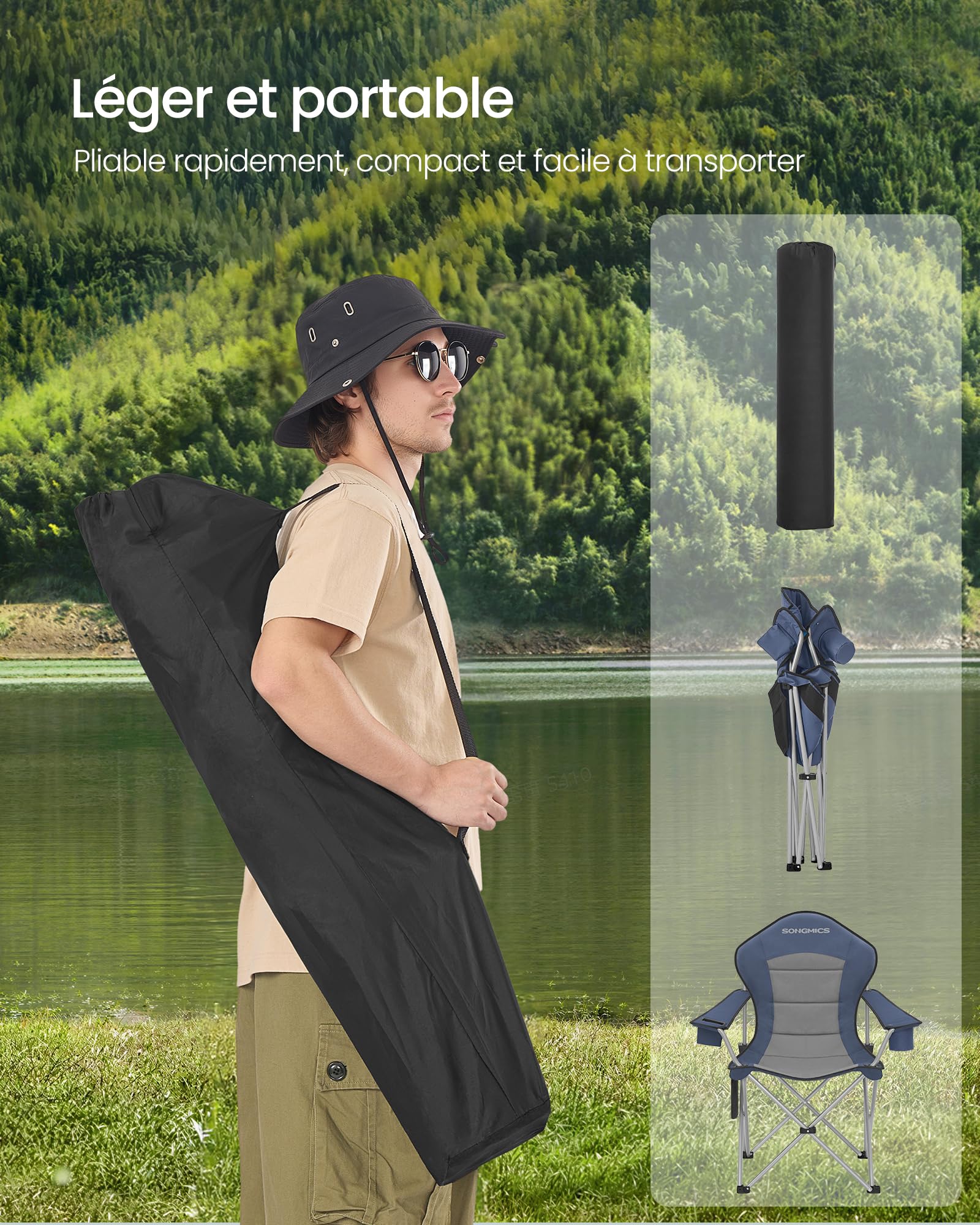 SONGMICS Chaise Pliante Camping, Siège Large, Dossier Haut, Chaise de Pêche Portable avec Porte‑Gobelet, Support pour Téléphone, Organiseur en Tissu, Bleu et Gris GCB005QE01