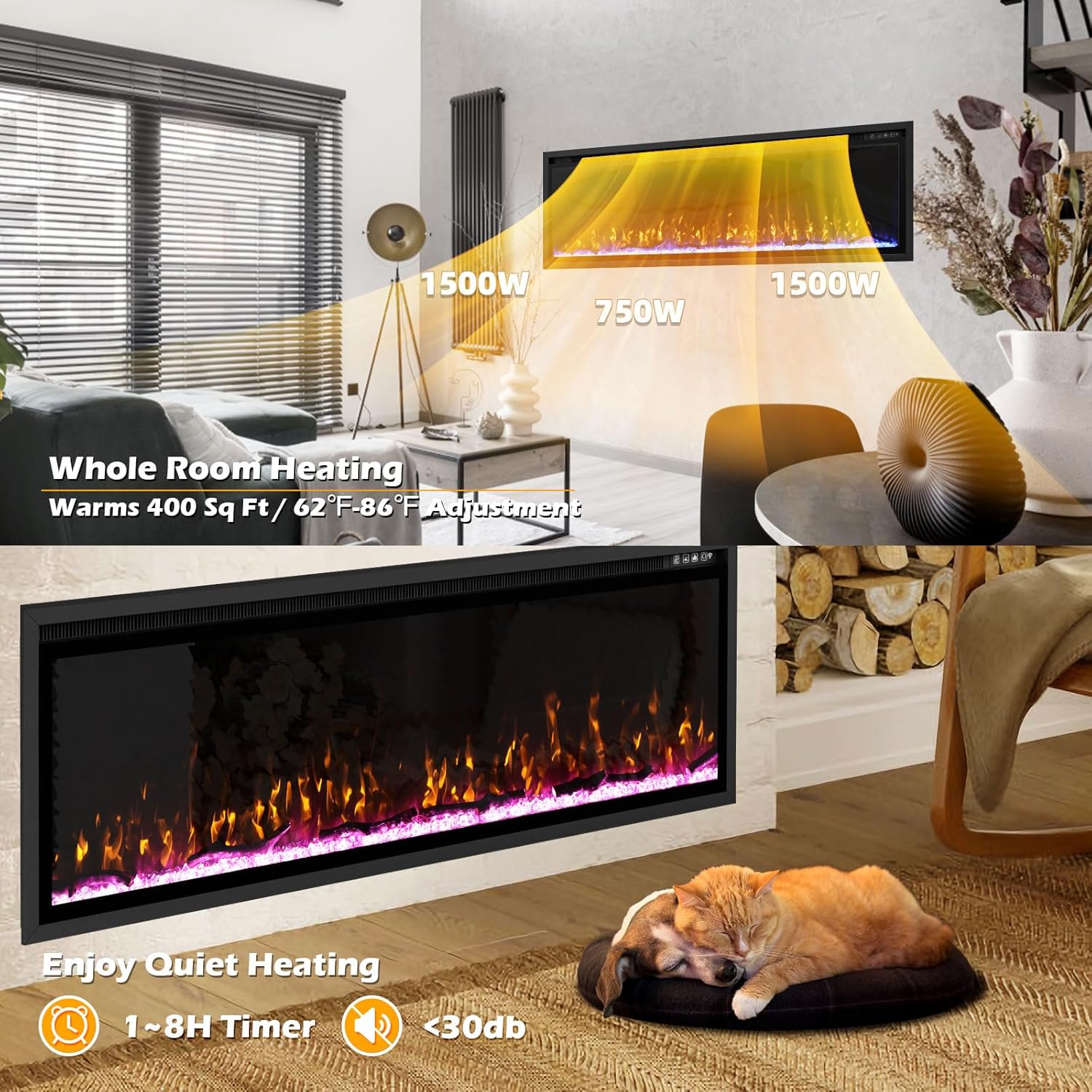 BREEZEHEAT 60 Inch Electric Fireplace-Recessed & Wall Mounted Linear Fireplace-750/1500W Heater w/Temperature Control, Log & Crystal Options, Adjustable Flame, Remote Control