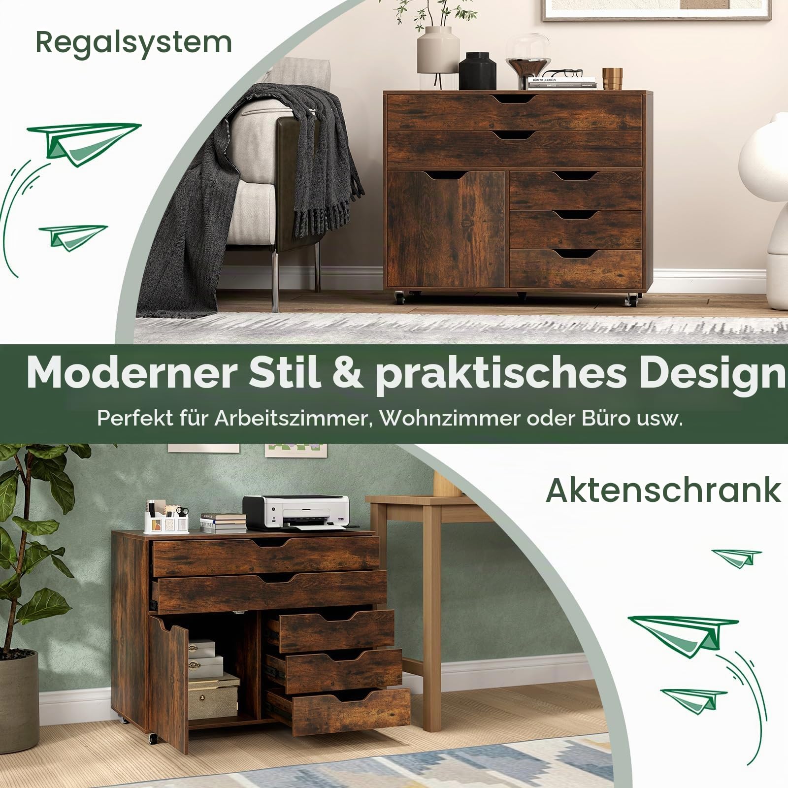 GIANTEX Rollcontainer mit 5 Schubladen & 1 Schrank, mobiler Aktenschrank mit 5 Rollen, Schubladenschrank unter Schreibtisch, 77,5 x 40 x 64 cm (Braun)