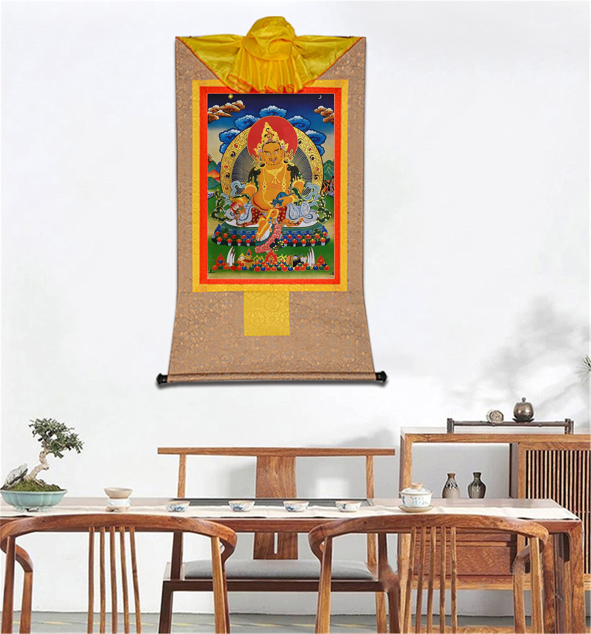 GBASDXU Tibetischer Buddhismus Thangka, Buddhistischer Wandteppich, tibetischer Thangka, Buddha, tantrischer Thangka-Wandbehang, gelber Jambhala, Heißpräge-Brokat-Wandteppich for Zen-Heimdekoration