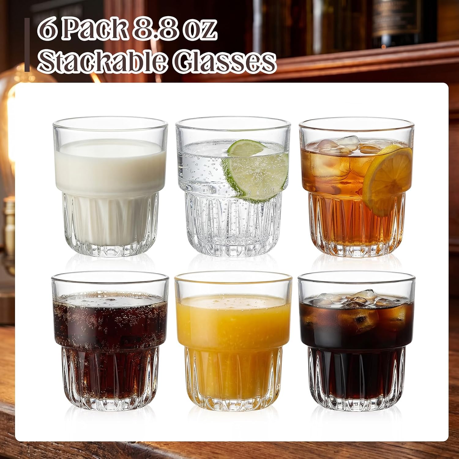 6 Pack Stackable Drinking Glasses 8.8 oz Clear Glass Cups for Iced Coffee Juice Beer Cocktail, Modern Space Saving Mugs for Bar, Restaurant