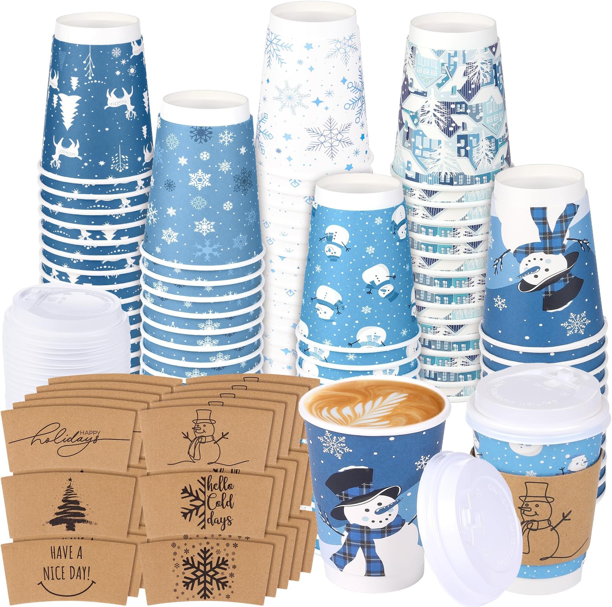 60 Set Christmas Coffee Cups 12 Oz Double-Layer Winter Paper Cups with Lids Cup Sleeves Snowflake Snowman Cups for Cold Hot Beverages Xmas Winter Party Supplies