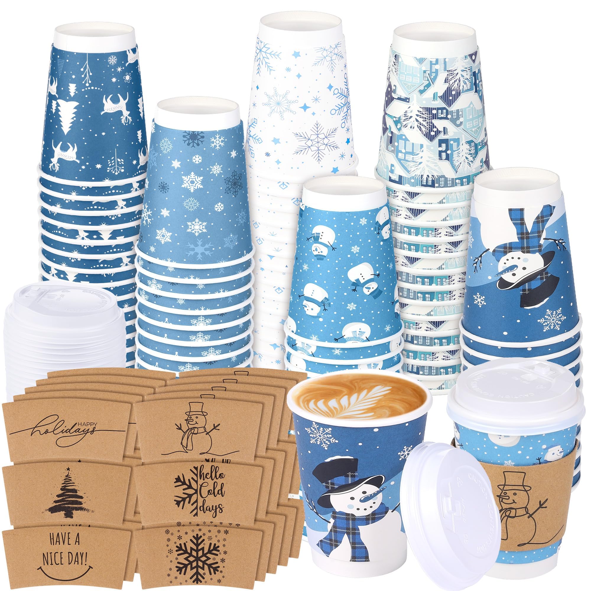 60 Set Christmas Coffee Cups 12 Oz Double-Layer Winter Paper Cups with Lids Cup Sleeves Snowflake Snowman Cups for Cold Hot Beverages Xmas Winter Party Supplies