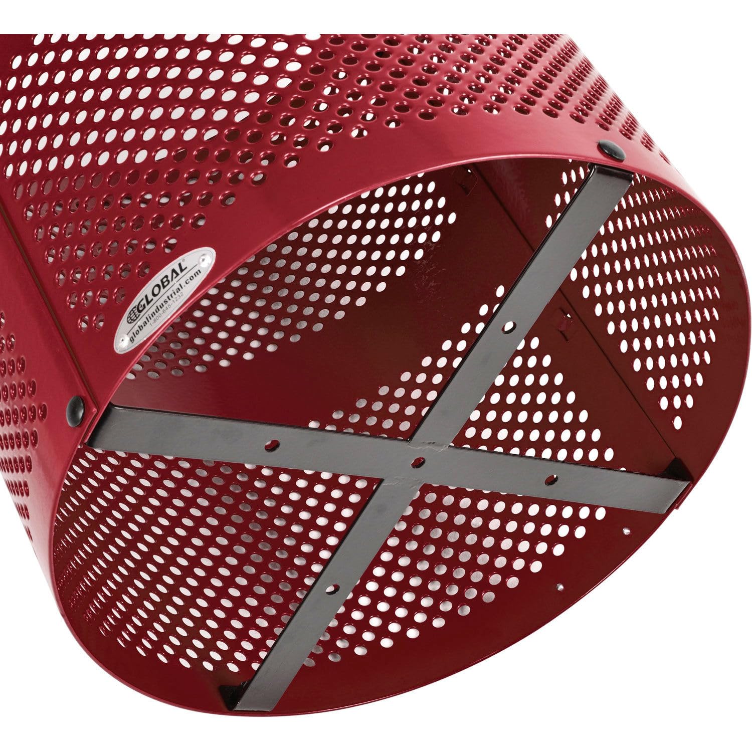 Global Industrial 32 Gallon Outdoor Perforated Steel Round Trash Can with Rain Bonnet Lid, Plastic Liner and Anchor Kit Included, 23-1/2" Diameter x 40-1/2"H, Red