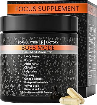 Formulation Factory BOSS Mode 10-in-1 Nootropic Complex with Lions Mane, Alpha-GPC, Bacopa Monnieri, Ginkgo Biloba, Rhodiola & L-Tyrosine - 120 Capsules