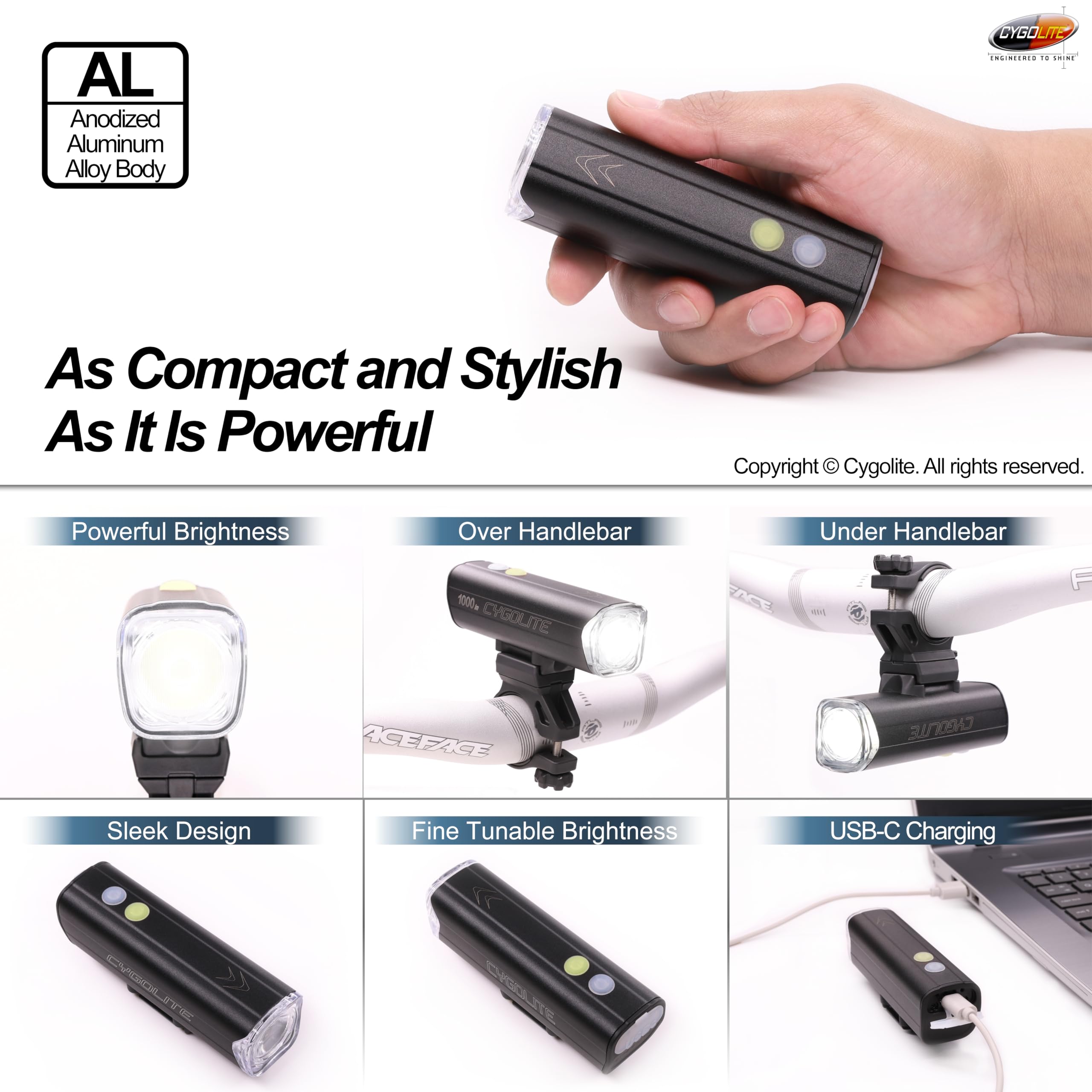 Cygolite Velocity SL Lampe de vélo 1000 lumens en alliage d'aluminium anodisé, 9 modes d'éclairage, luminosité réglable fine, étanche IP67, support rigide sécurisé, recharge USB-C, vélos de route,