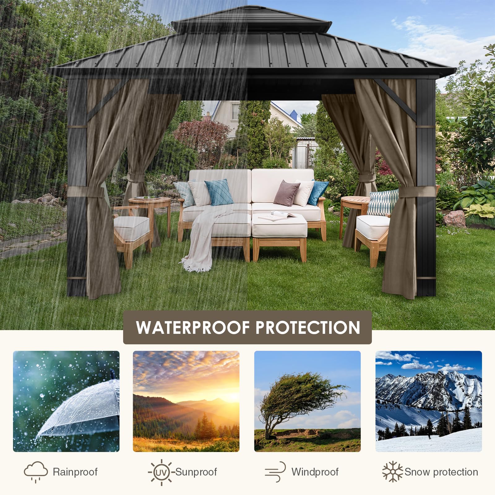 4 Seitenteile Pavillon 3x3m Wasserdicht Seitenwände UV Schutz (Braun)
