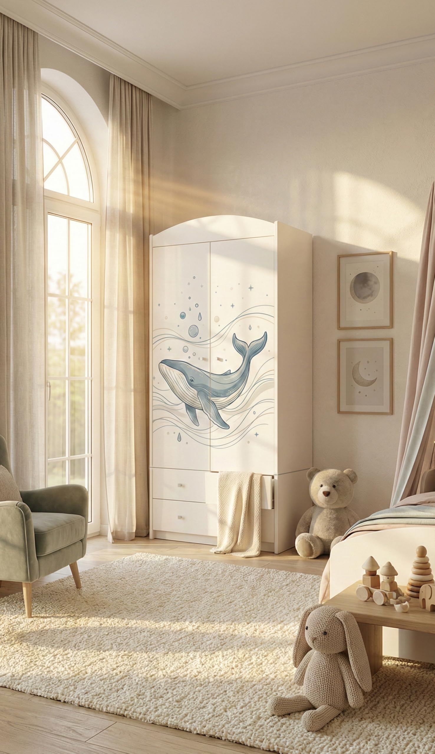 Happy Babies Armario infantil con diseño encantador, armario de 2 puertas para habitación infantil, incluye 2 cajones, barra para colgar ropa y estantes, color blanco (88 x 187 x 54 cm) (nr 388)