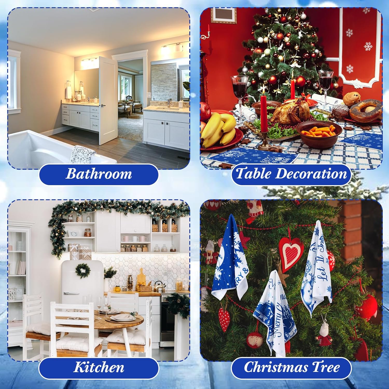 Ganeen 6 Pcs Christmas Hand Towels for Bathroom, 12 x 18 inches Blue Snowman Kitchen Towels, Decorative Dish Towels Set, White Embroidered Snowflake Holiday Tea Towel for Xmas Gift(Vibrant)