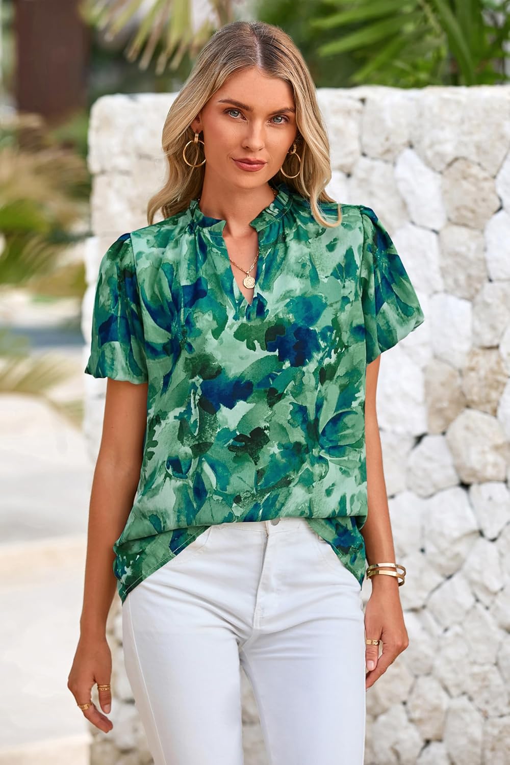 MASCOMODA Boho Short Sleeve Floral Work Blouses for Women Dressy Casual V Neck Puff Sleeve Loose Chiffon Flowy Tops Shirts - Image 4