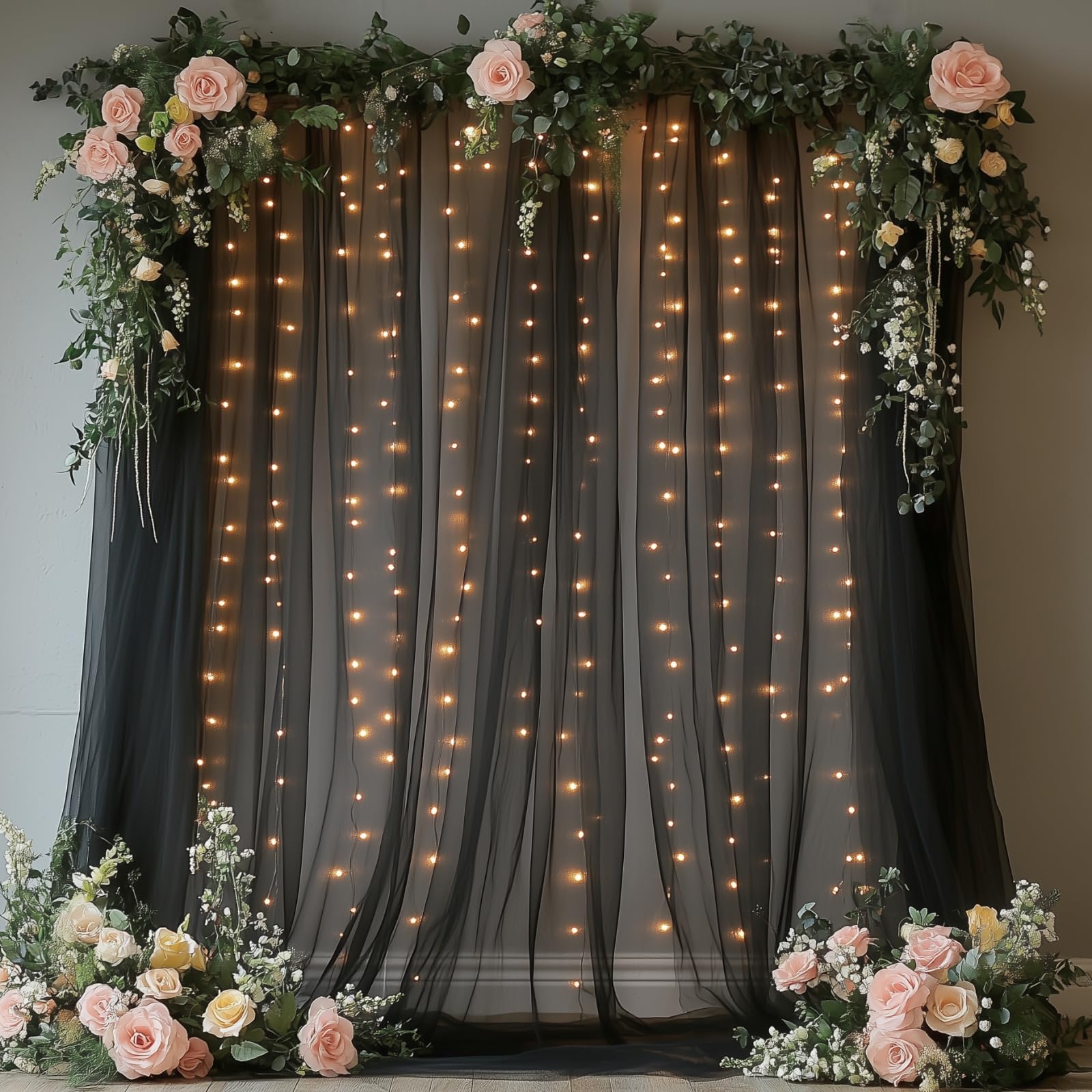 Rideau de fond en tulle avec guirlande lumineuse 300 DEL pour fêtes, rideaux transparents infroissables pour mariage, fête prénatale, fête prénuptiale, anniversaire, danse, décoration
