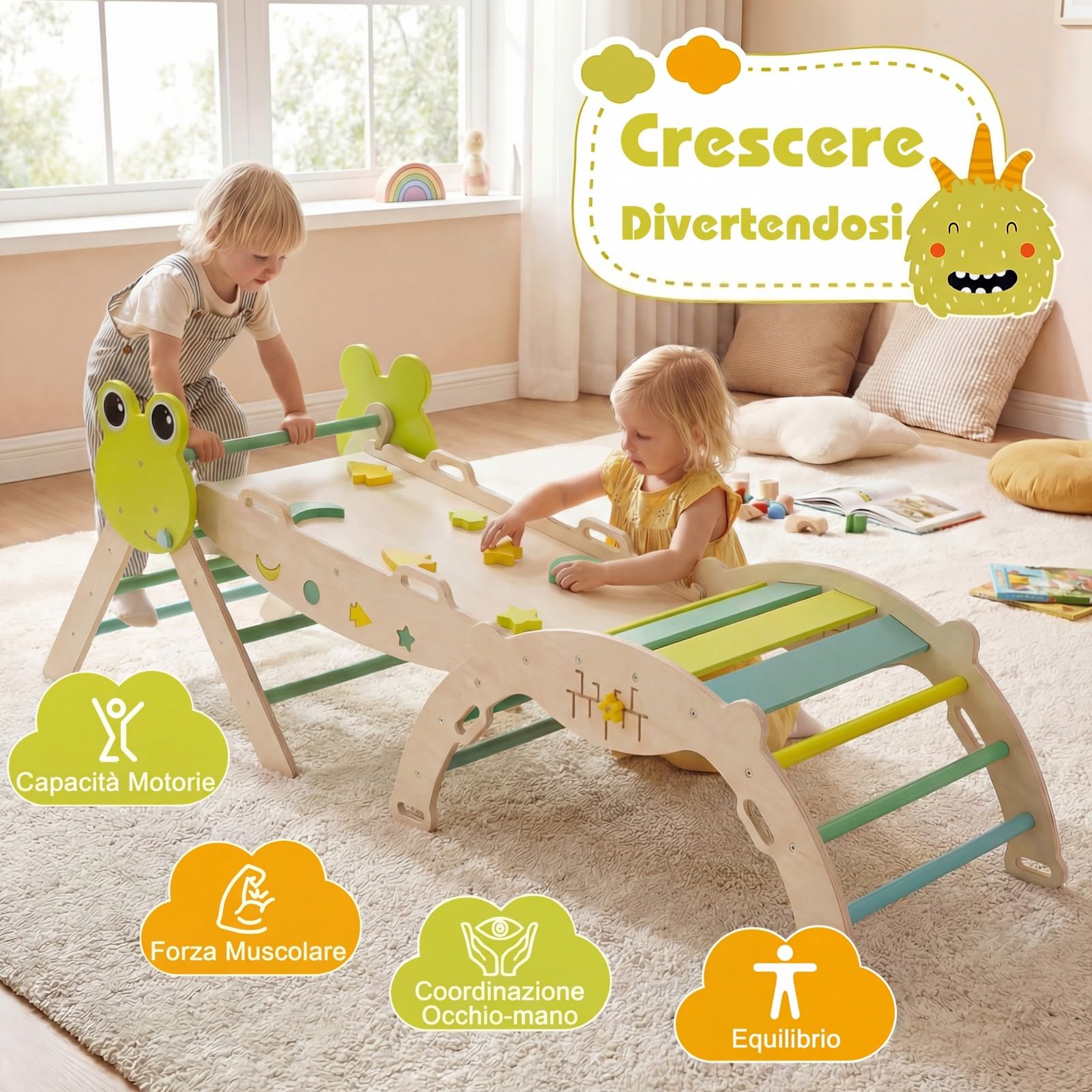 Relax4Life Triangolo di Arrampicata per Bambini con Scivolo e Arco, Gioco Montessori in Legno 1+ Anni, 3 Pezzi Verde