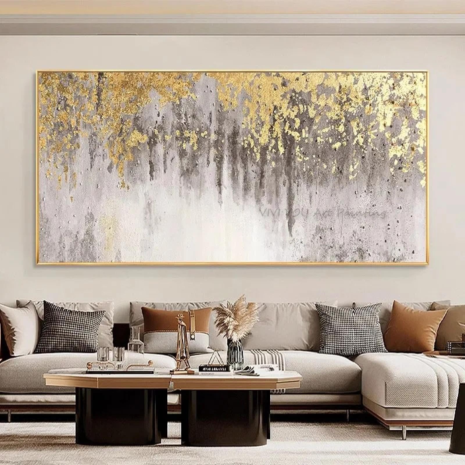 HOLEILUCK Kunst-Wandbilder für Heimdekoration, Leinwand, Ölgemälde, extra groß, abstraktes Goldfolienbild für Wohnzimmer, 100 x 200 cm, ungerahmt