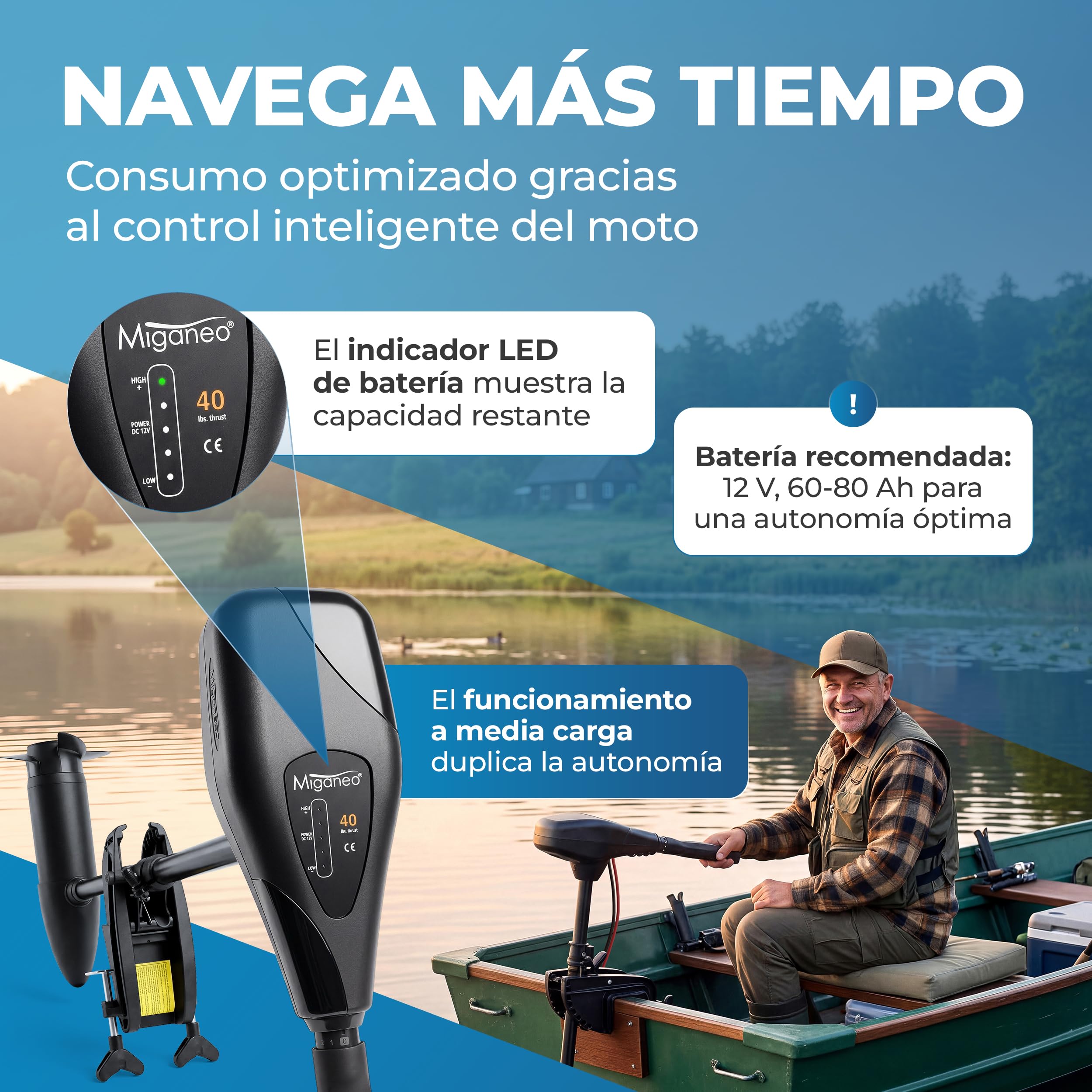 Miganeo aussenb Order Electric Engine 40 Lbs ji-1294 kg de fuerza propulsora) 408 W con indicador LED de batería de 12 V 18,1 KP salzwassertauglich...
