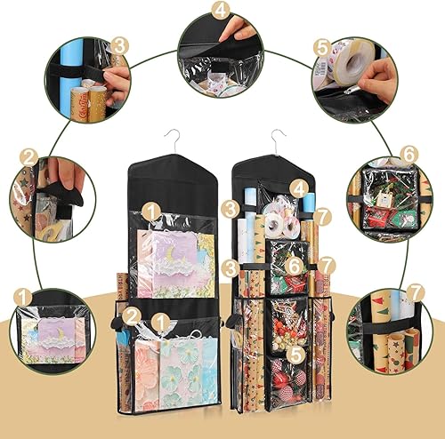 Miniatura 3 de Organizador de almacenamiento de papel de regalo, organizador de envoltorios de regalo con soporte de doble cara para colgar