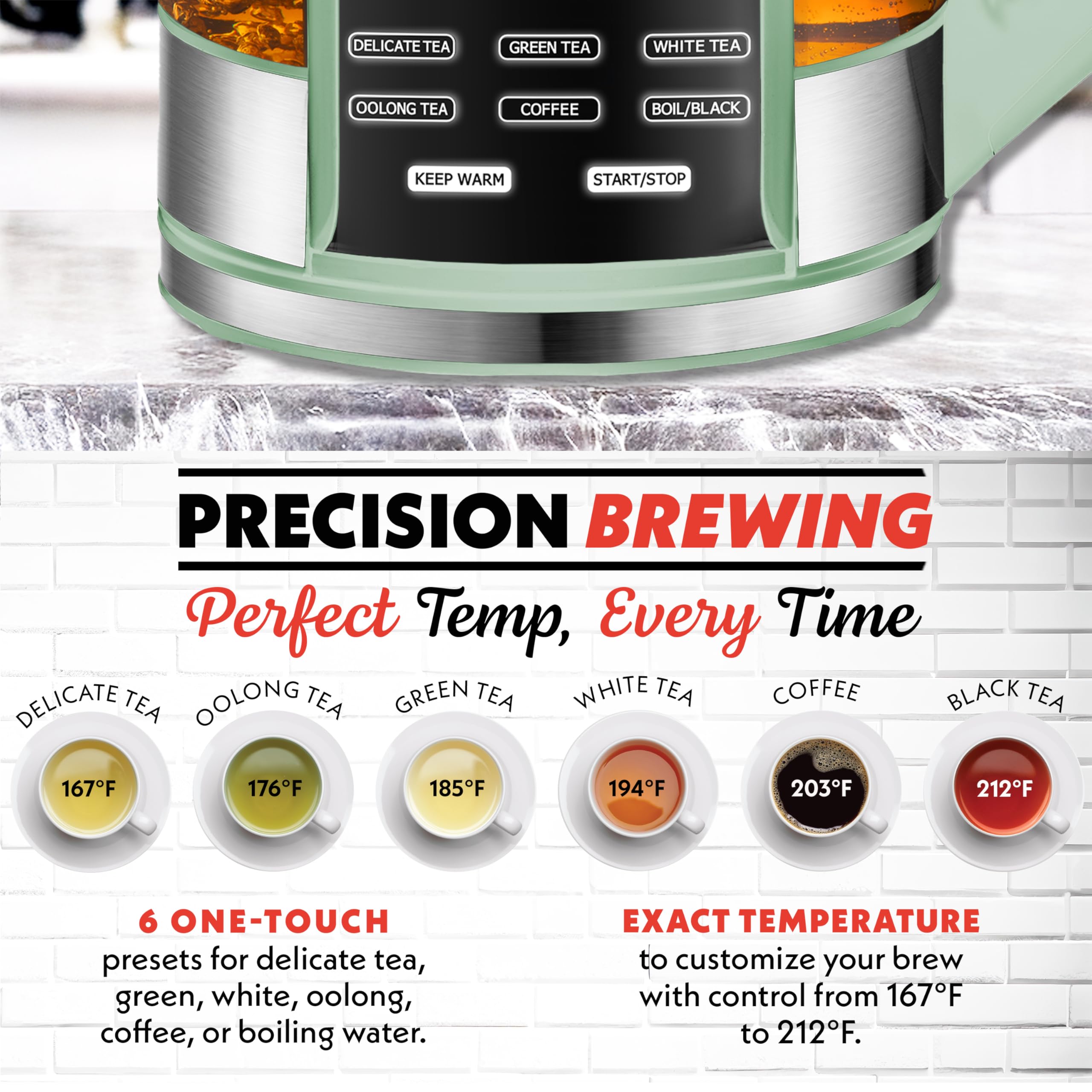 Gourmia Electric Glass Kettle – 1.7L Programmable Tea & Coffee Brewer with Digital Touch Display, 6 Presets, Removable Stainless Steel Infuser, Cordless with 360° Swivel Base, Green