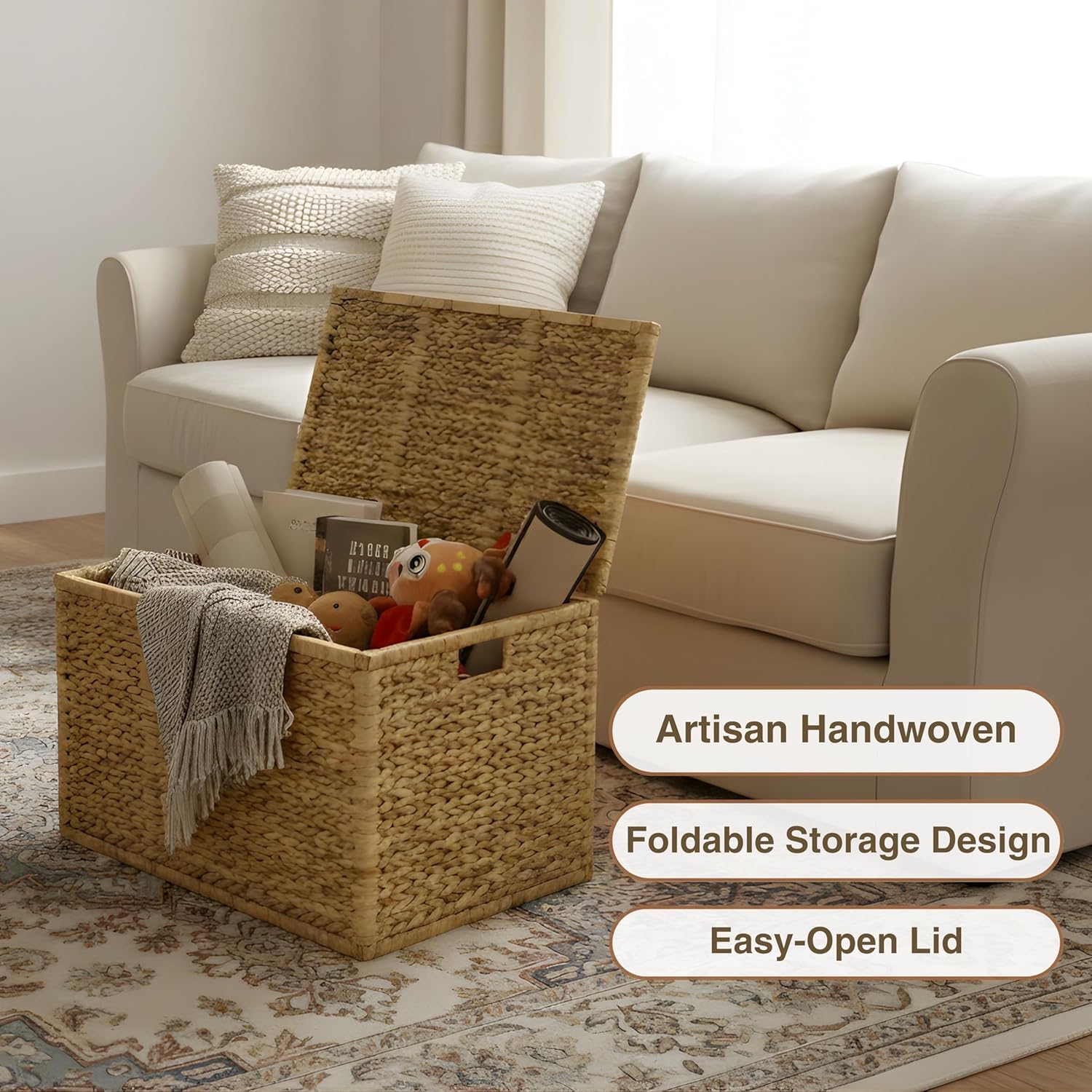 30" Wicker Storage Trunk,Handwoven Trunk Organizer, Metal Hinges at Lid and Frame,Wicker Toy Chest with Removable Liner,Large Blanket Storage (Natura)