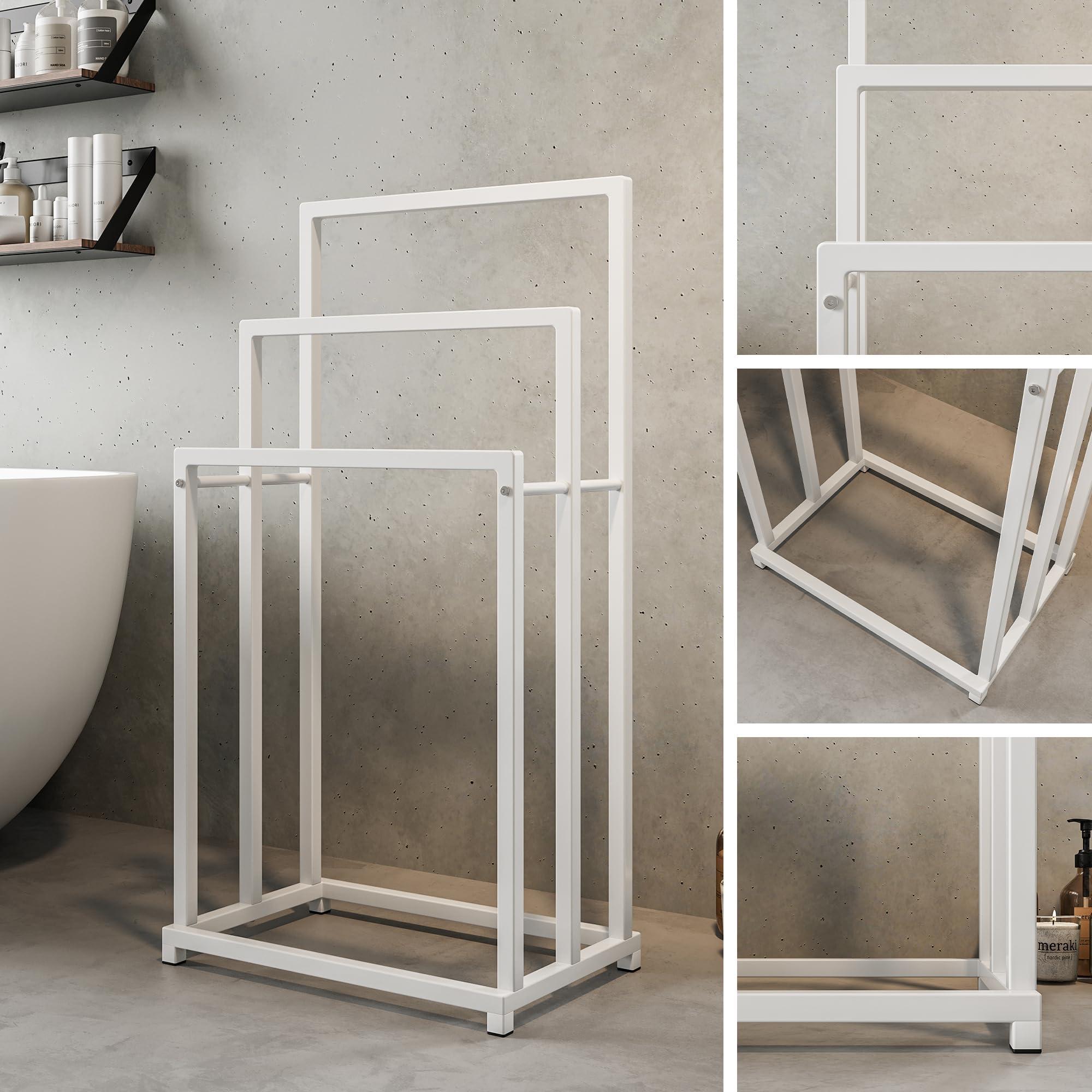 Porte-serviettes sur pied avec 3 barres porte-serviettes, porte-serviettes de salle de bain, en acier, blanc