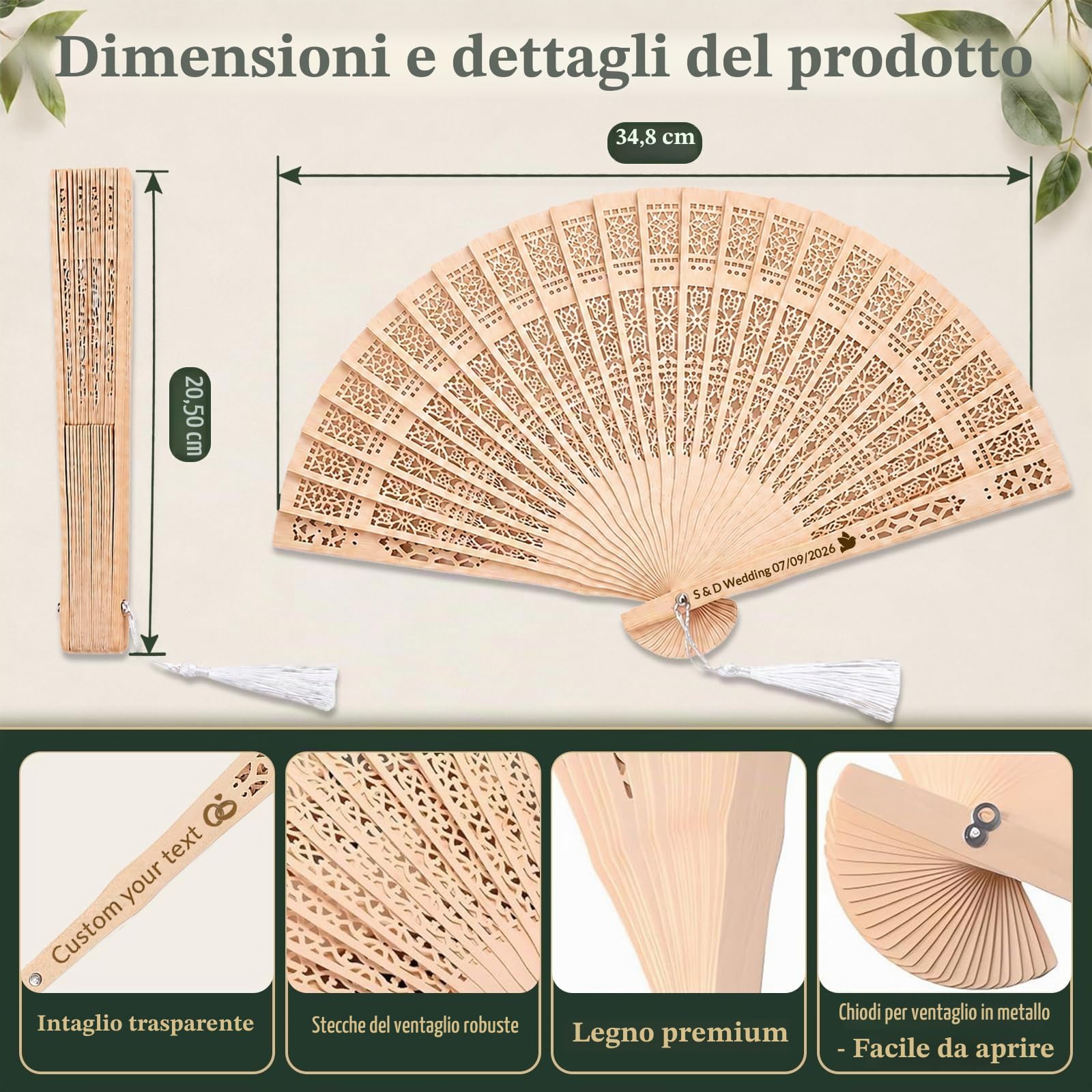 50 Ventagli Personalizzati Matrimonio – Bomboniere Legno | Gravure nome/data | Ventaglio in legno | Borsa organza | Bomboniera matrimonio
