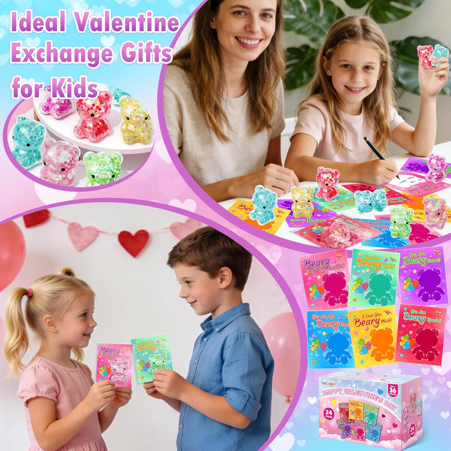 24 Pack Valentines Day Gifts for Kids, 24Pcs Valentines Stretchy Bear Toys with 24Pcs Cards, Classroom Exchange Prizes & Party Favors, Kids Valentines Day Cards for Boys Girls