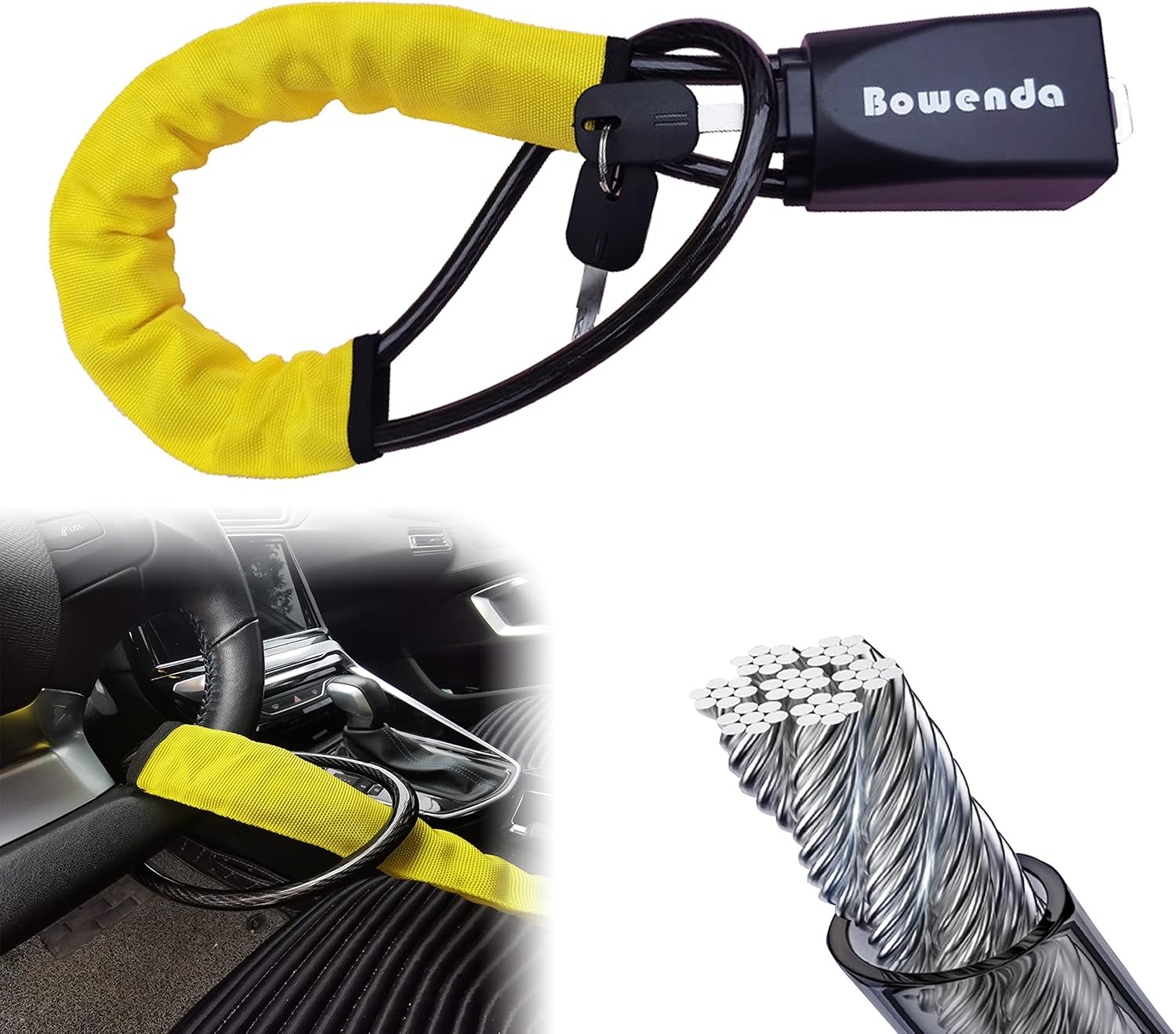 BOWENDA AntiTheft Steering Wheel Lock, Yellow, Car