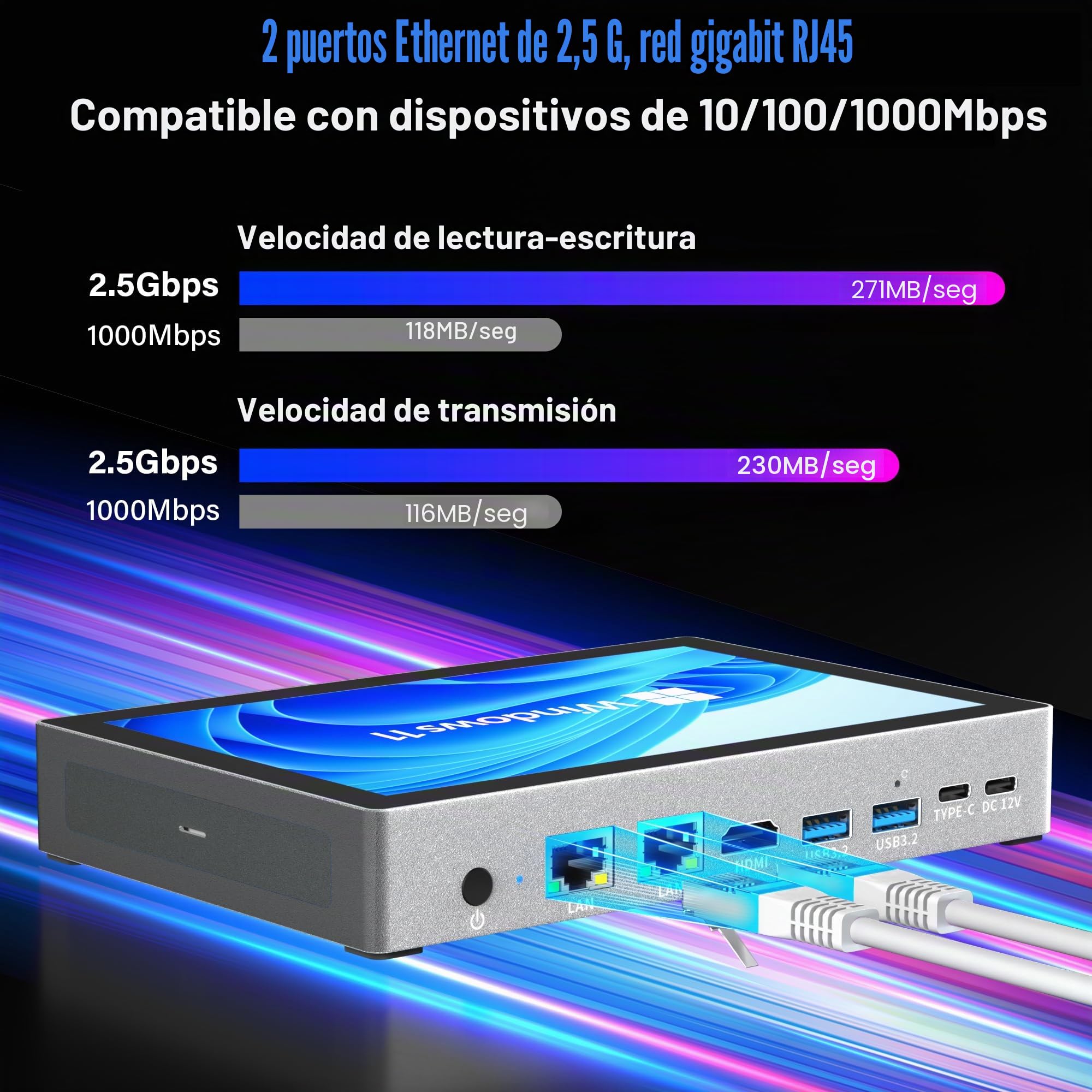 Mini PC Win 11 Pro, 12th Gen N95 (3.4 GHz), Pantalla de 7 Pulgadas 8GB RAM 128GB eMMC con Batería, USB-C Mini Computers, 2.5GbE LAN Desktop Computer, Dual Display 4K 60Hz HDMI BT WiFi 5