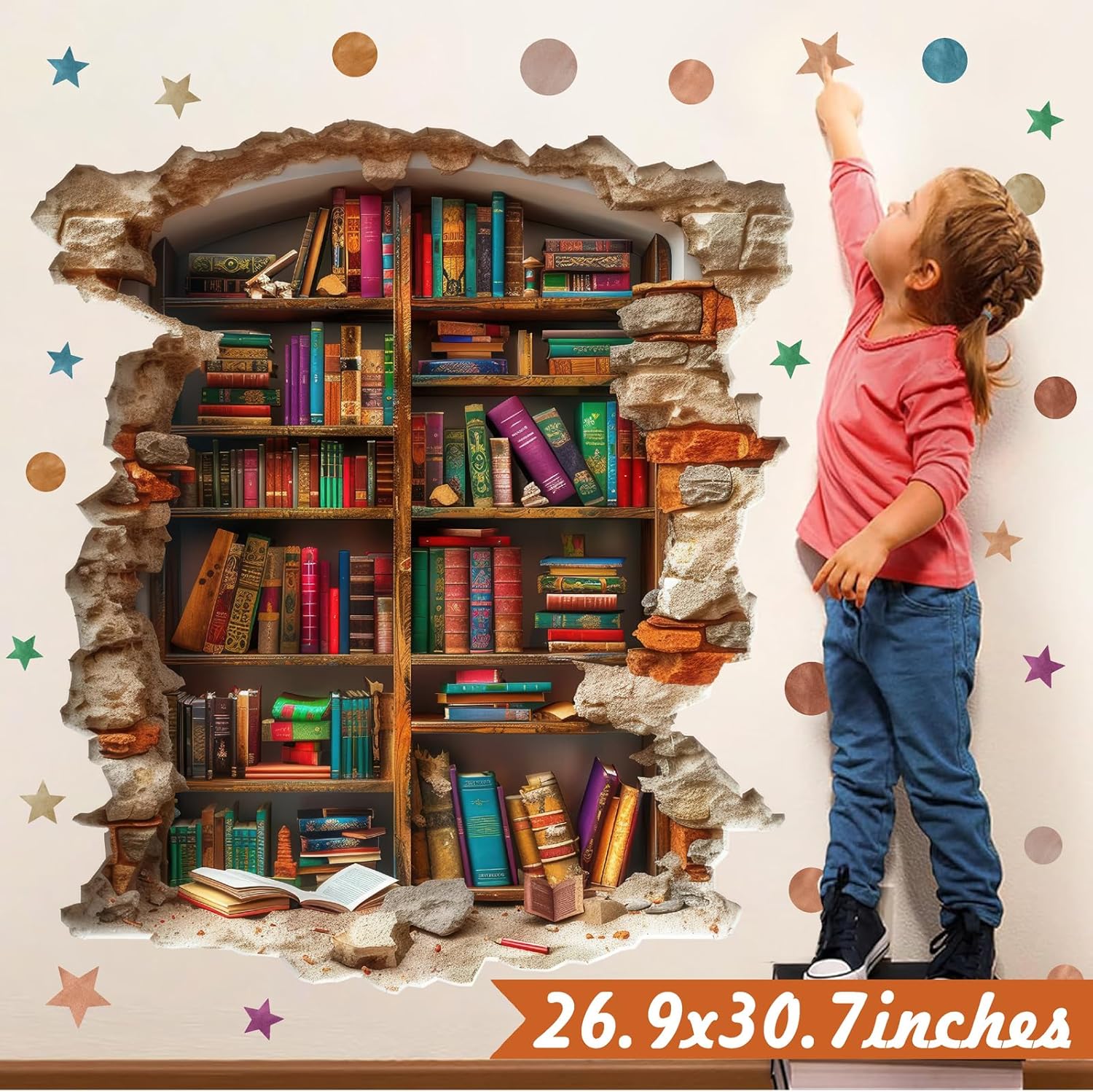 Large Vintage Book Wall Stickers 3D Broken Wall Decals Peel and Stick Reading Room Art Murals Read Signs Vinyl Decal Bookshelf Art Decorations DIY Walls Sticker for School Library Classroom Home Decor