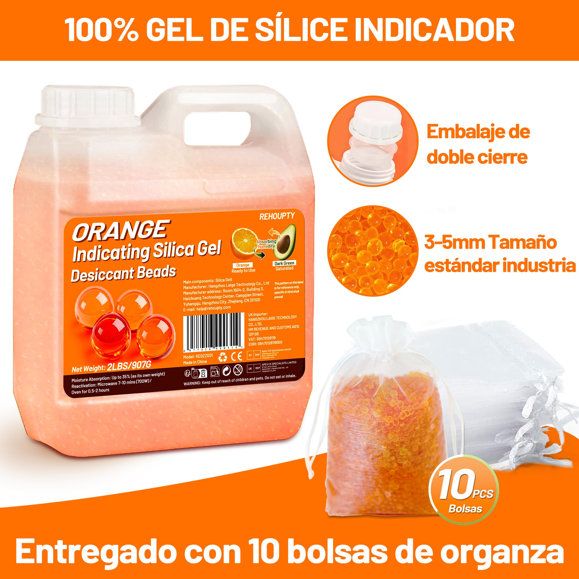 Naranja Gel de Sílice 907g, Gel Silice Antihumedad Reutilizable, 3-5mm Perlas Desecantes Sílice Gel para Filamento 3D, Dispositivos Electrónicos, Cámara, Joyería (Contiene 10 Bolsas Organza)