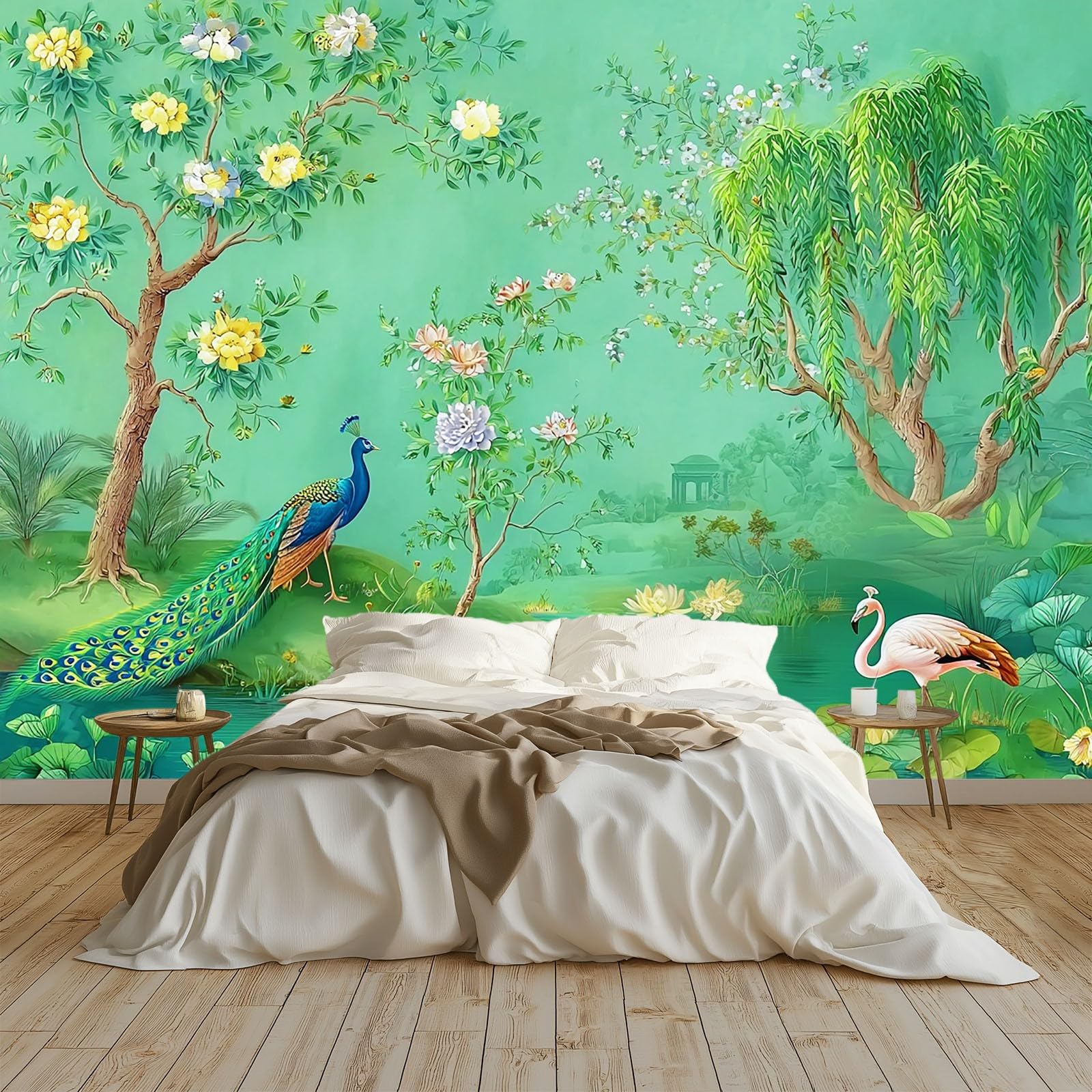 Tapeta z włókniny zielona 350 x 256 cm, tradycyjne zwierzęta paw różowy flaming tapeta 3D, fototapeta do salonu, pokoju dziecięcego, biura, przedpokój, dekoracje ścienne, obrazy ścienne