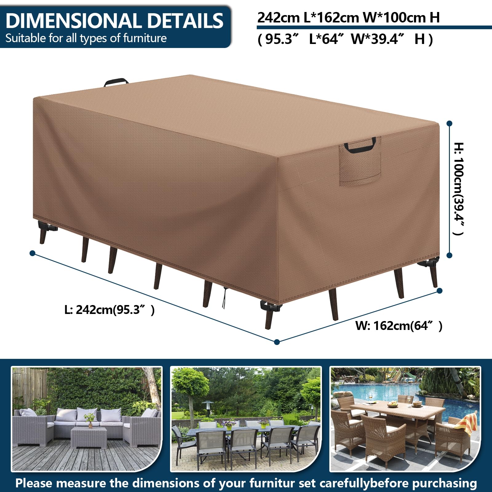 Abdeckung Gartenmöbel Winterfest, Wasserdichte Schutzhülle Gartenmöbel 420D Oxford Anti-UV Abdeckplane für Gartentische Terrassenmöbel Regenschutz und Staubfest Abdeckhaube Khaki 242x162x100cm