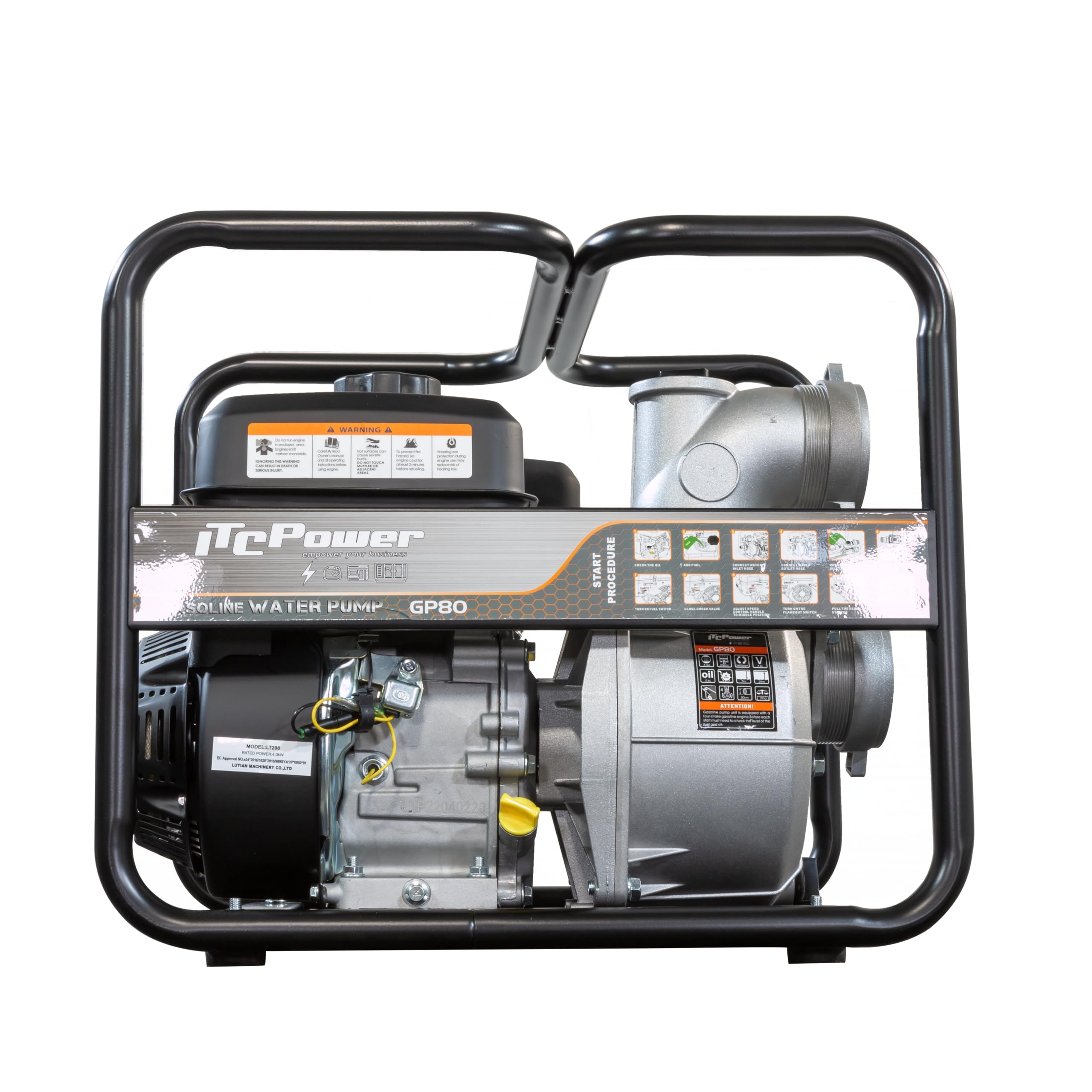 ITCPOWER Motobomba Gasolina 4780W Caudal 60 m³/h para Agua Limpia - Bomba Agua 1000 L/min con Altura 30 m - Ligera con Sello Mecánico Resistente - Cuerpo Inyección Aluminio y Paso 9 mm