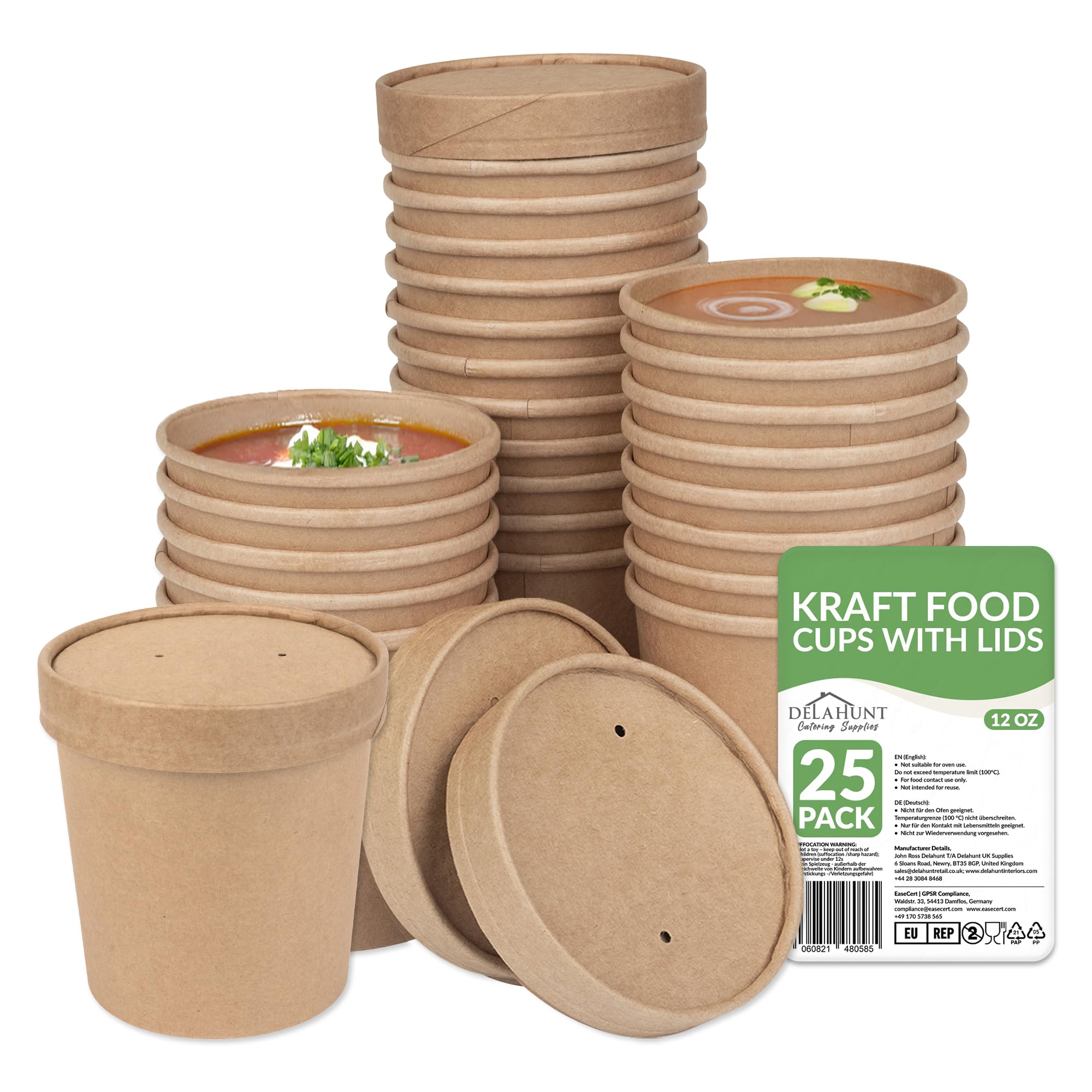 12oz (350ml) Kraft Soup Containers with Lids [25 Pack] - Leakproof Disposable Food Pots | Compostable Freezer & Microwave Safe Takeaway Containers, Soup Cups, Ice Cream Tubs for Hot Food & Desserts