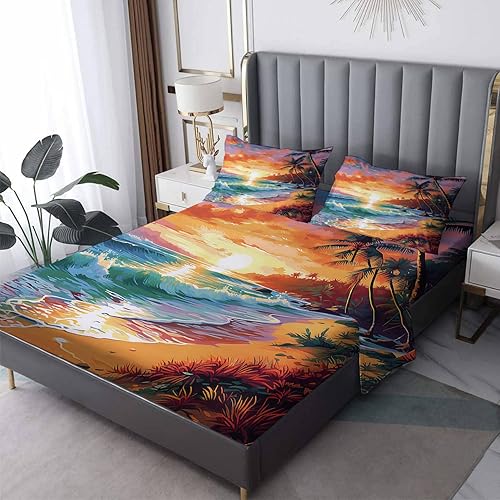 Sunset Sheets - Juego de sábanas de 4 piezas con estampado de playa y mar oceánico, tamaño California King, sábana bajera ajustable de microfibra
